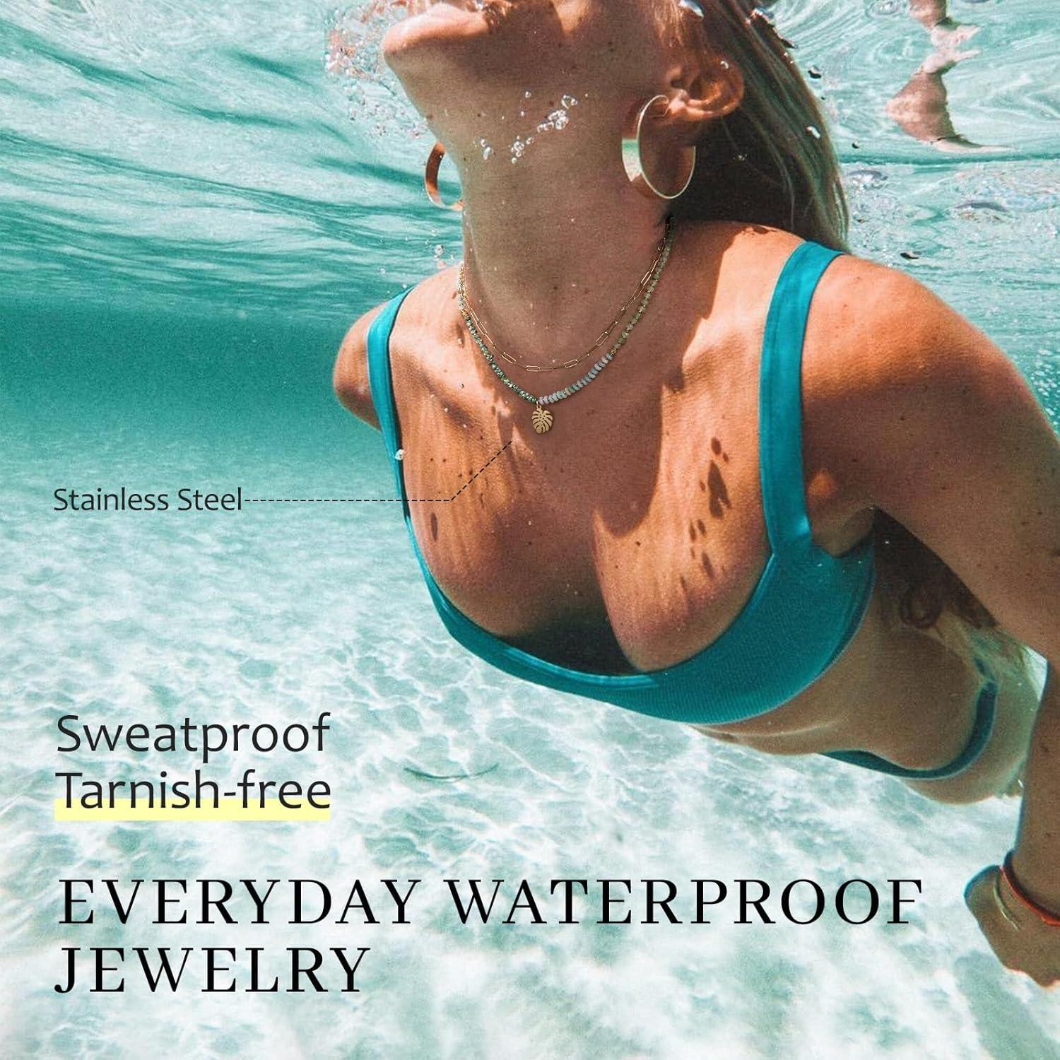 imageKissYan Beaded Necklaces for Women 14k Gold Plated Layered Pendant Necklace with Link Chain Boho Natural Gemstone Choker Summer Beach JewelryLeaf