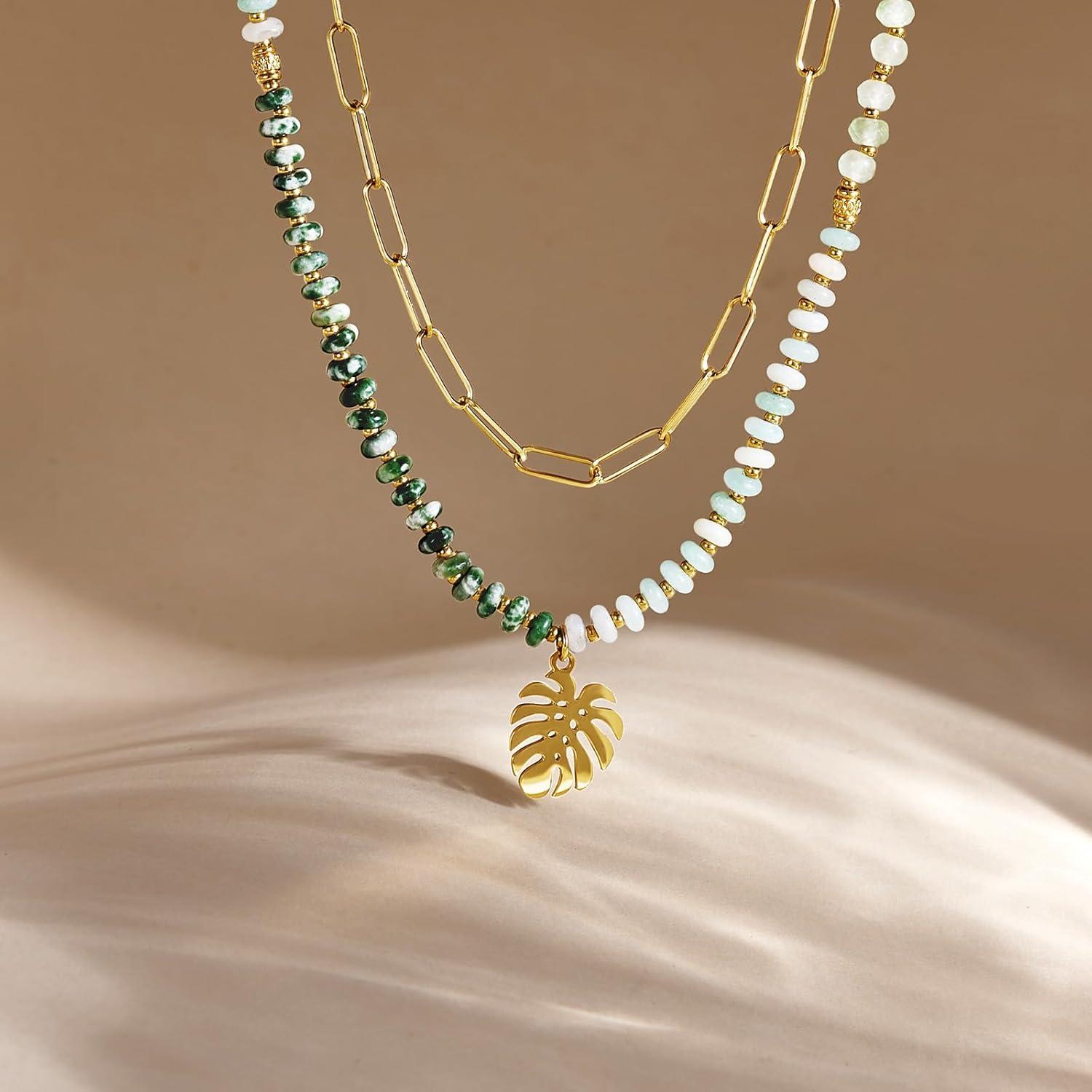 imageKissYan Beaded Necklaces for Women 14k Gold Plated Layered Pendant Necklace with Link Chain Boho Natural Gemstone Choker Summer Beach JewelryLeaf