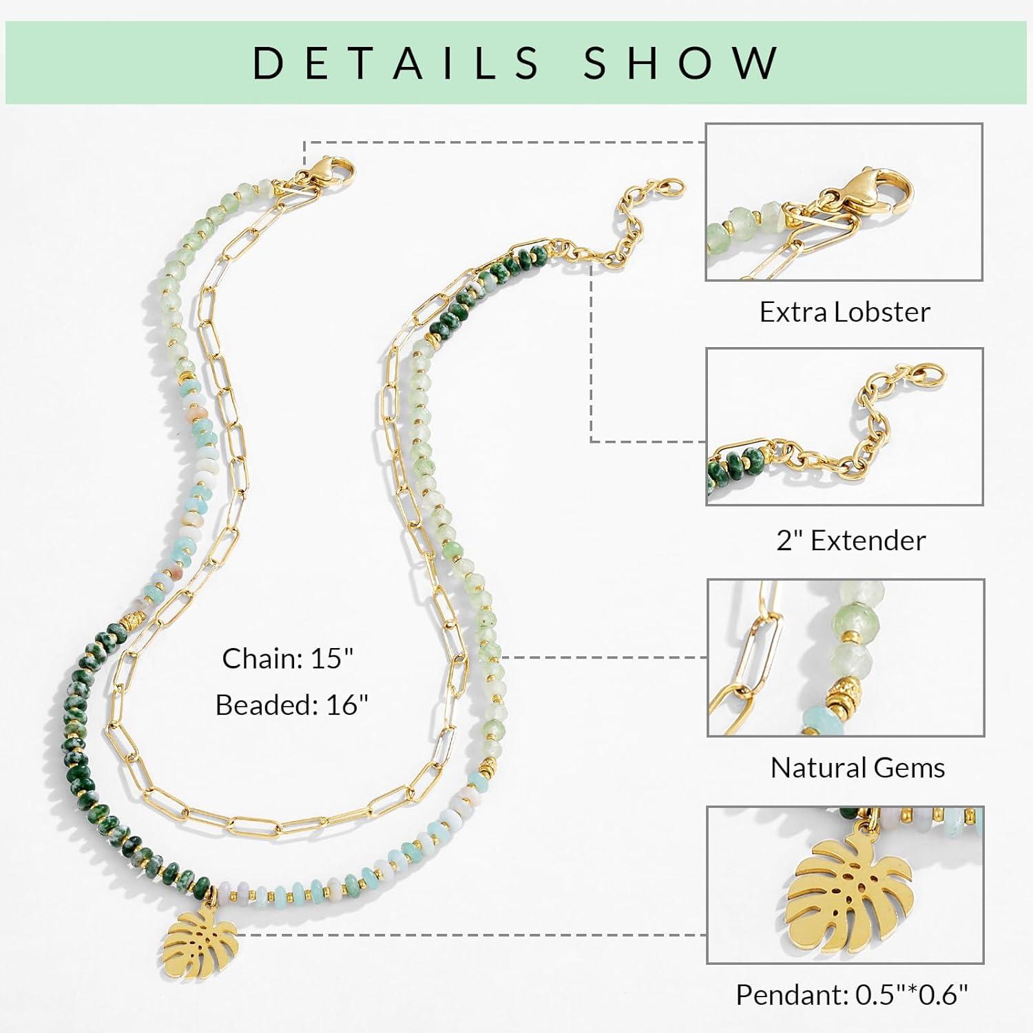 imageKissYan Beaded Necklaces for Women 14k Gold Plated Layered Pendant Necklace with Link Chain Boho Natural Gemstone Choker Summer Beach JewelryLeaf