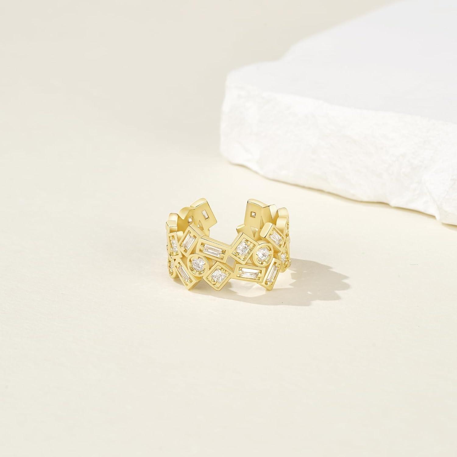 imageKissYan Gold Rings for Women 14K Gold Plated Adjustable Statement Irregular Geometric Diamond Twisted Open Stackable Band Chunky Finger Rings Dainty Cubic Zirconia Jewelry GiftsGeometry