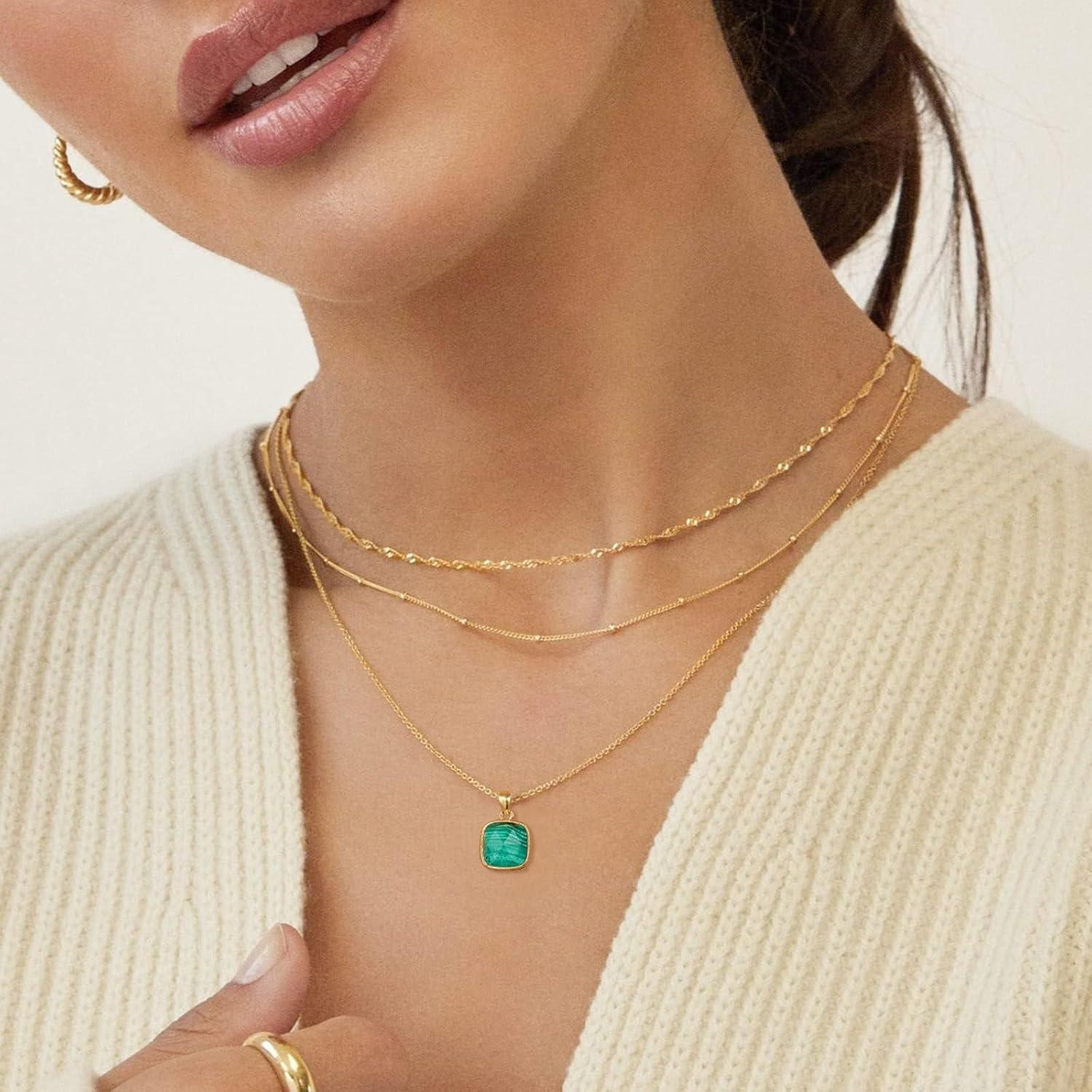 imageKissYan Healing Crystal Necklace 14K Gold Plated Natural Stone Pendant Necklace Reiki Quartz Amethyst Citrine Gemstone Spiritual Jewelry Gifts for Women GirlsDMalachiteSquare