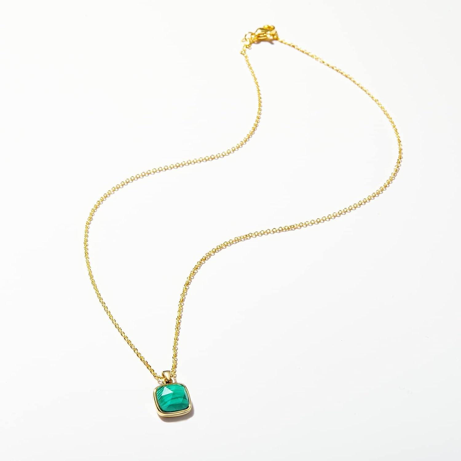 imageKissYan Healing Crystal Necklace 14K Gold Plated Natural Stone Pendant Necklace Reiki Quartz Amethyst Citrine Gemstone Spiritual Jewelry Gifts for Women GirlsDMalachiteSquare