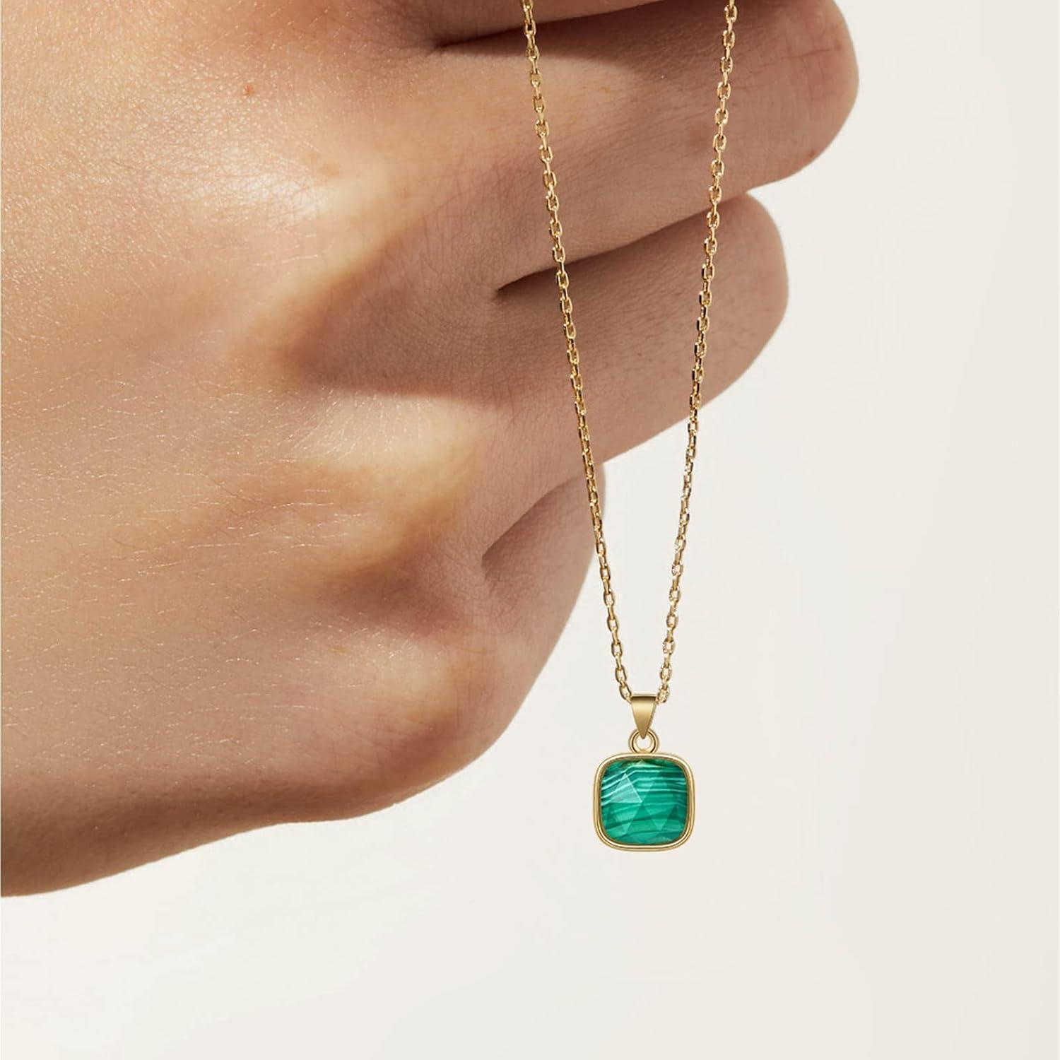 imageKissYan Healing Crystal Necklace 14K Gold Plated Natural Stone Pendant Necklace Reiki Quartz Amethyst Citrine Gemstone Spiritual Jewelry Gifts for Women GirlsDMalachiteSquare