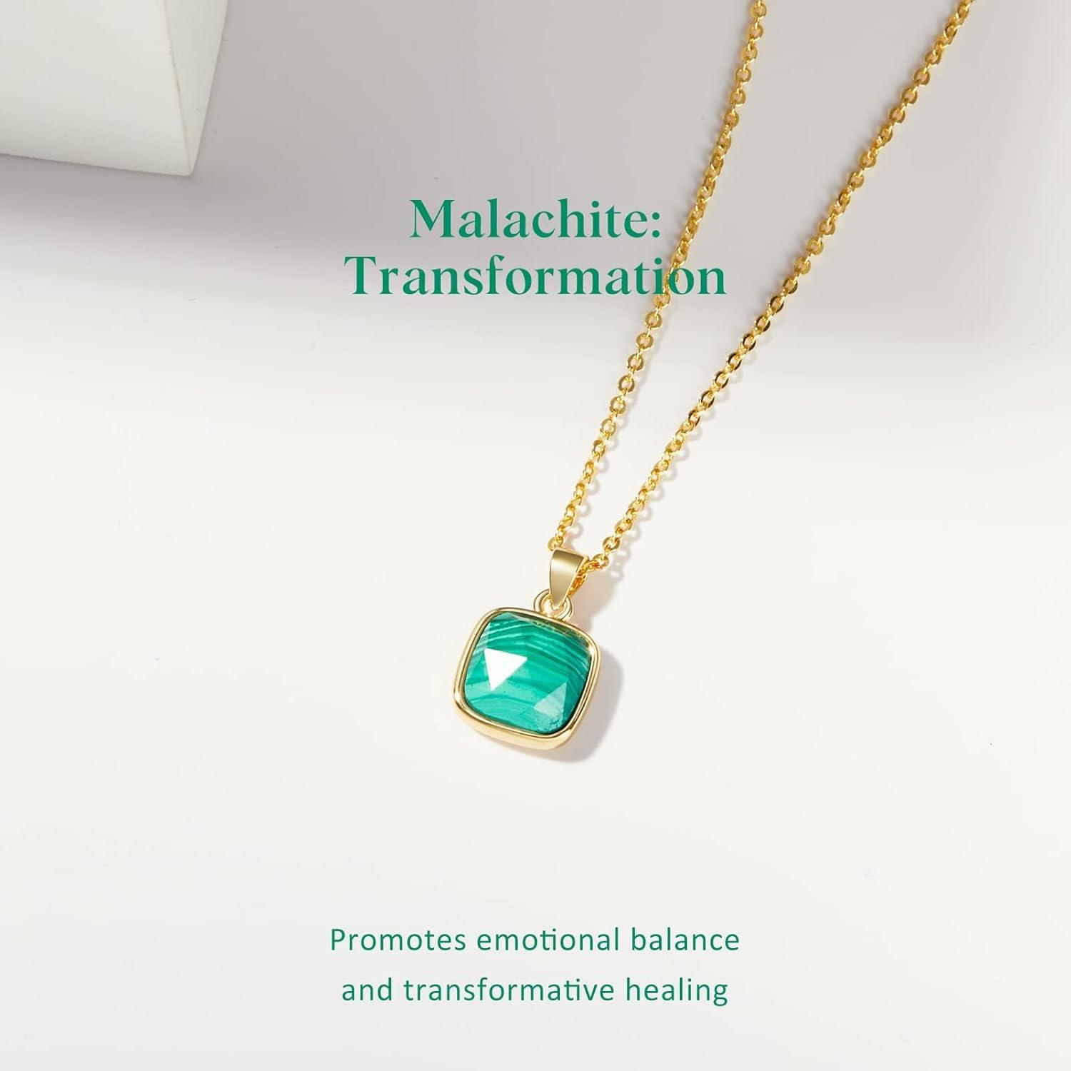 imageKissYan Healing Crystal Necklace 14K Gold Plated Natural Stone Pendant Necklace Reiki Quartz Amethyst Citrine Gemstone Spiritual Jewelry Gifts for Women GirlsDMalachiteSquare
