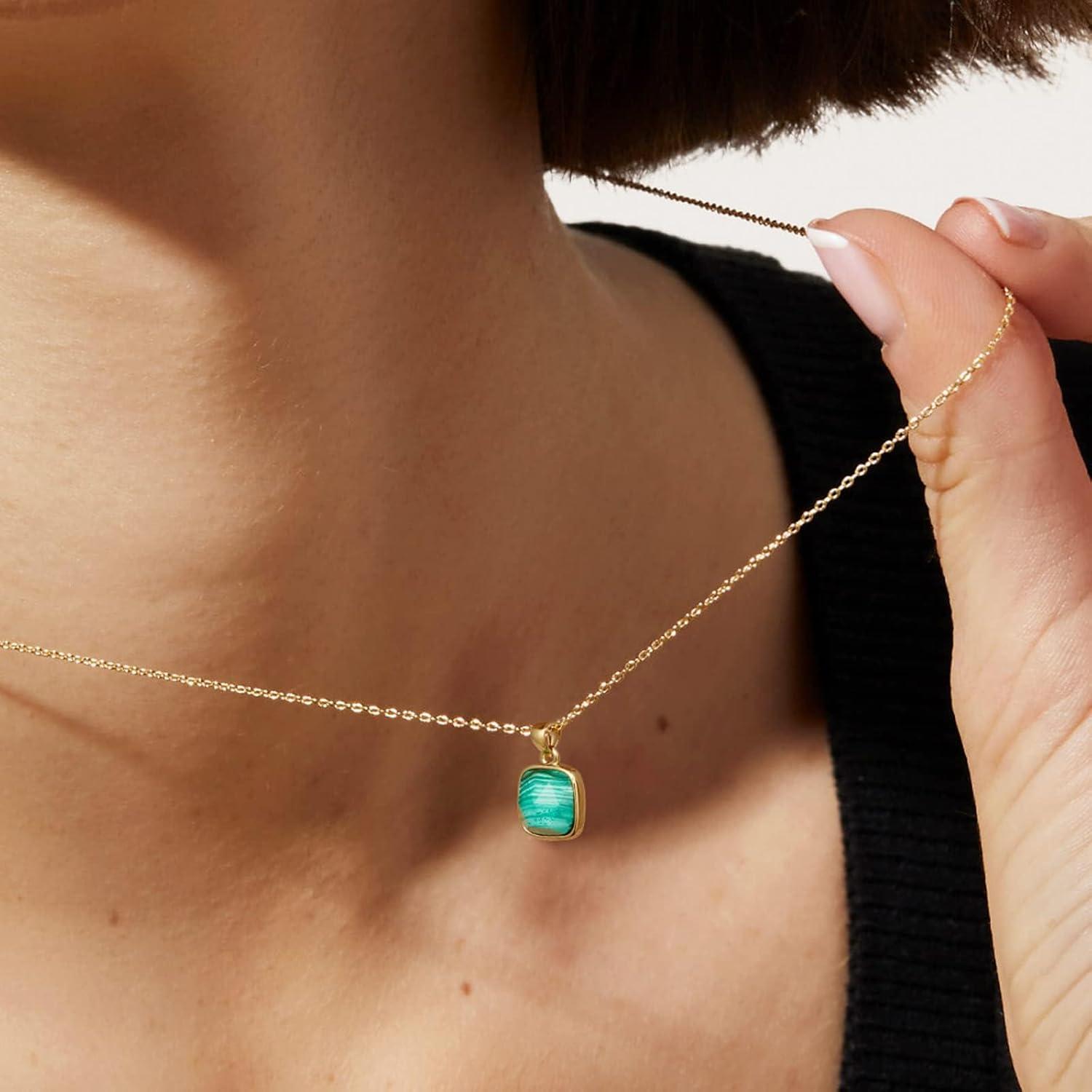 imageKissYan Healing Crystal Necklace 14K Gold Plated Natural Stone Pendant Necklace Reiki Quartz Amethyst Citrine Gemstone Spiritual Jewelry Gifts for Women GirlsDMalachiteSquare