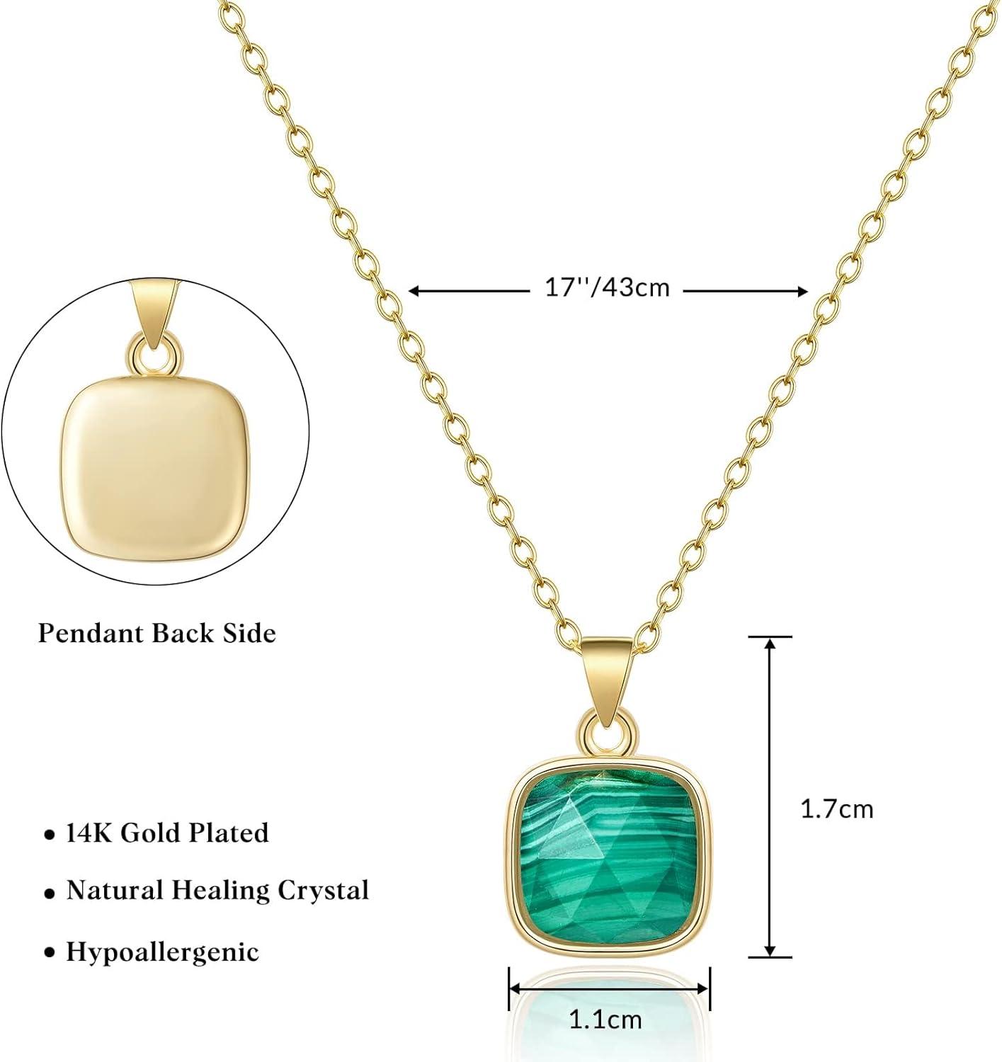 imageKissYan Healing Crystal Necklace 14K Gold Plated Natural Stone Pendant Necklace Reiki Quartz Amethyst Citrine Gemstone Spiritual Jewelry Gifts for Women GirlsDMalachiteSquare