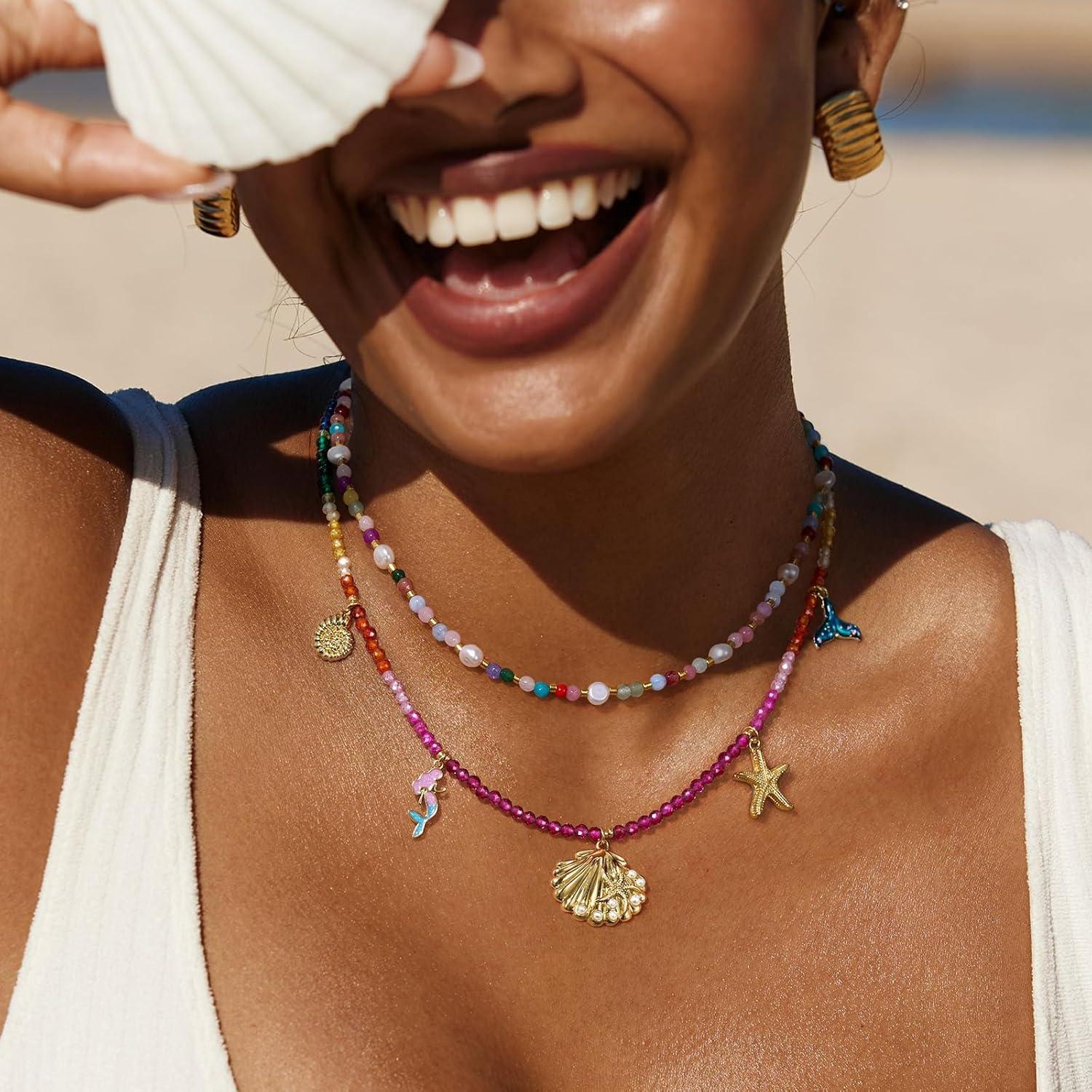 imageKissYan Shell Charm Necklace for Women Beaded Necklace with Beach seashell Star Starfish Bow Conch Mermaid Cherry Charms Trendy Summer JewelrySeashell