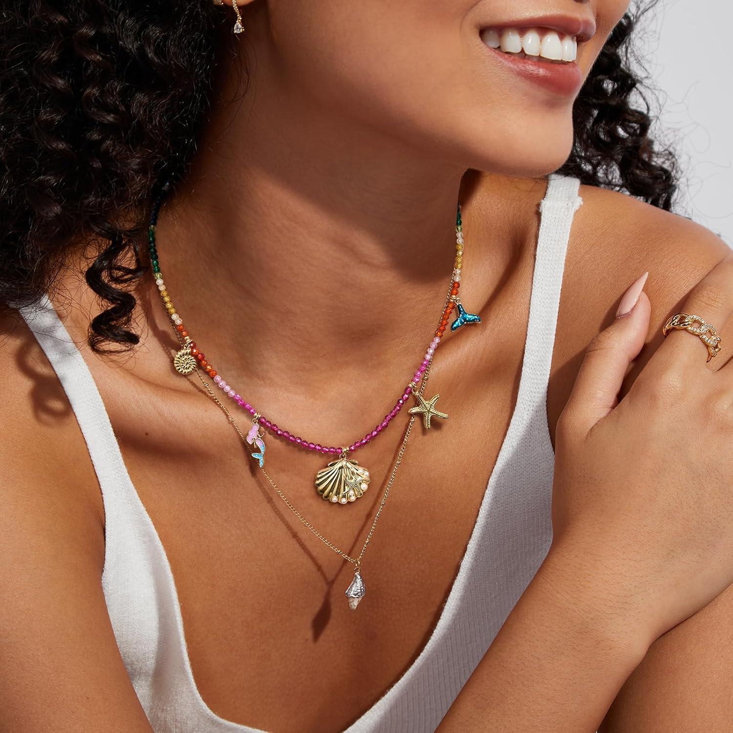 imageKissYan Shell Charm Necklace for Women Beaded Necklace with Beach seashell Star Starfish Bow Conch Mermaid Cherry Charms Trendy Summer JewelrySeashell