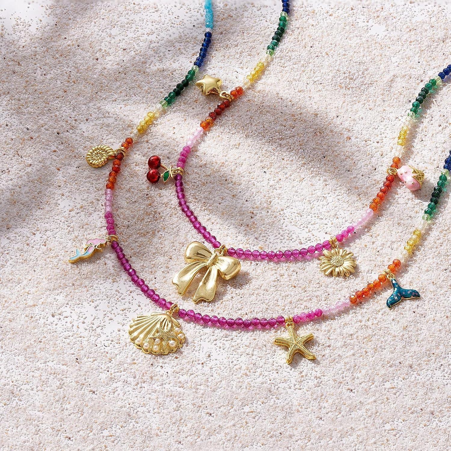 imageKissYan Shell Charm Necklace for Women Beaded Necklace with Beach seashell Star Starfish Bow Conch Mermaid Cherry Charms Trendy Summer JewelrySeashell