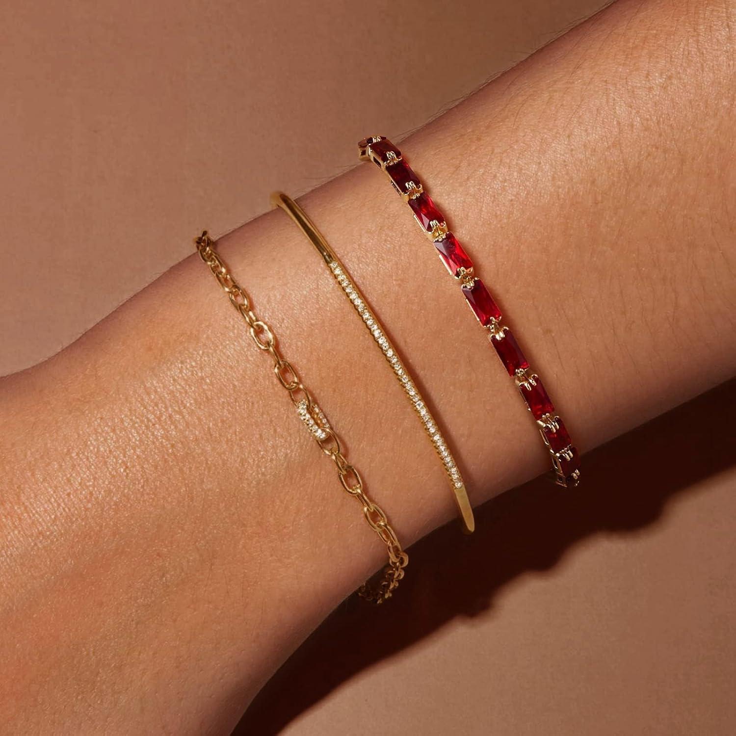 imageKissYan Tennis Bracelet for Women 14K Gold Plated Cubic Zirconia Adjustable Slider Bracelets Trendy Jewelry GiftDRedGold
