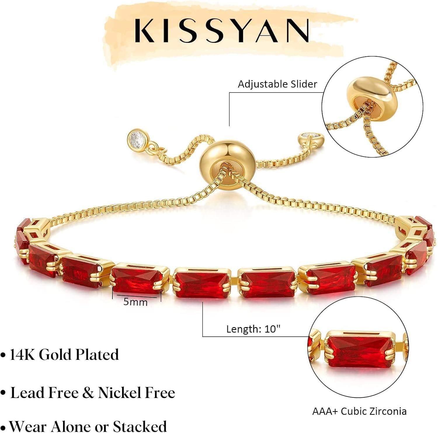 imageKissYan Tennis Bracelet for Women 14K Gold Plated Cubic Zirconia Adjustable Slider Bracelets Trendy Jewelry GiftDRedGold