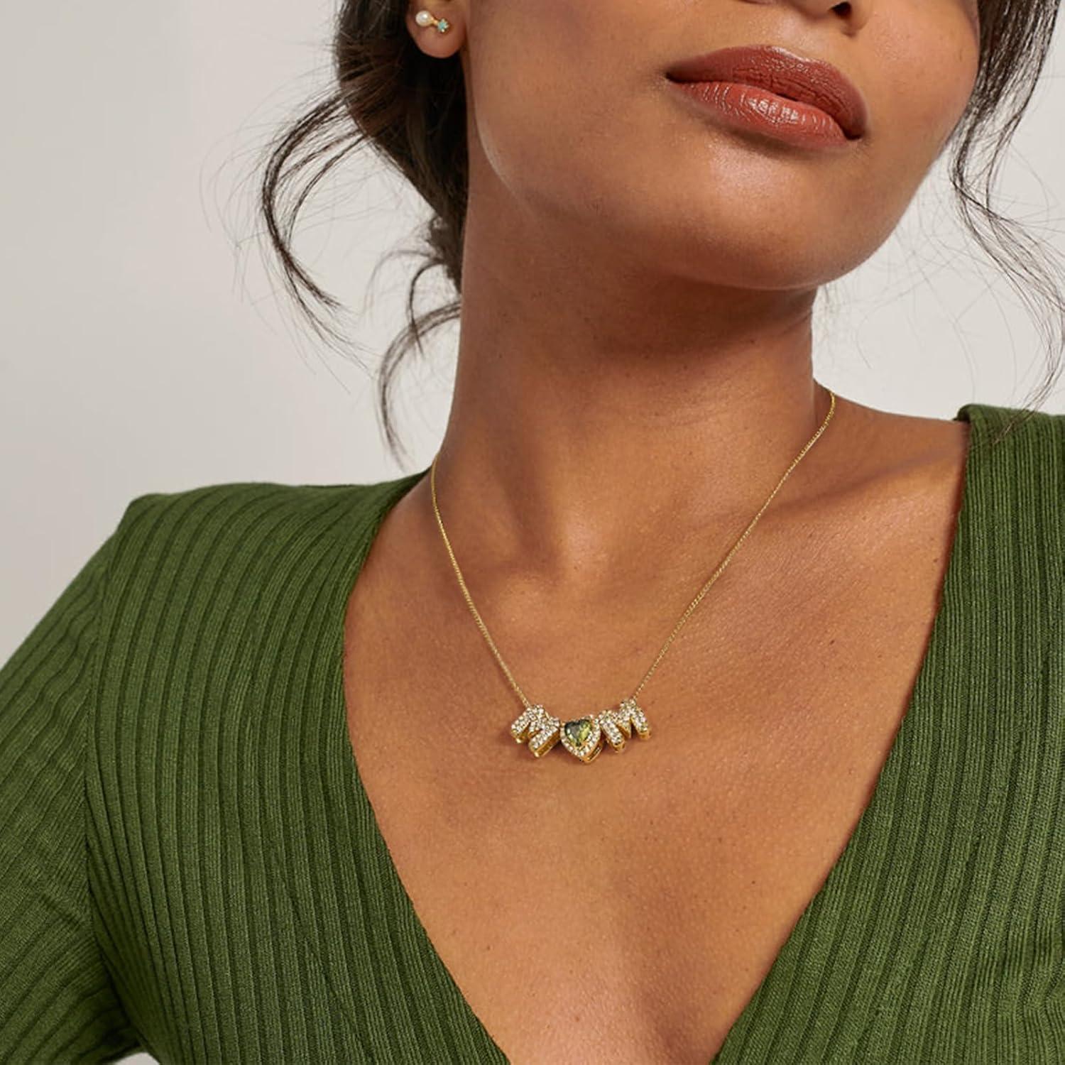 imageKissYan Love Birthstone Necklace for Women 14K Gold Plated Bubble Letter Pendant Dainty Jewelry I Love You Valentines Day Gifts for Girlfrend Wife LoverMay