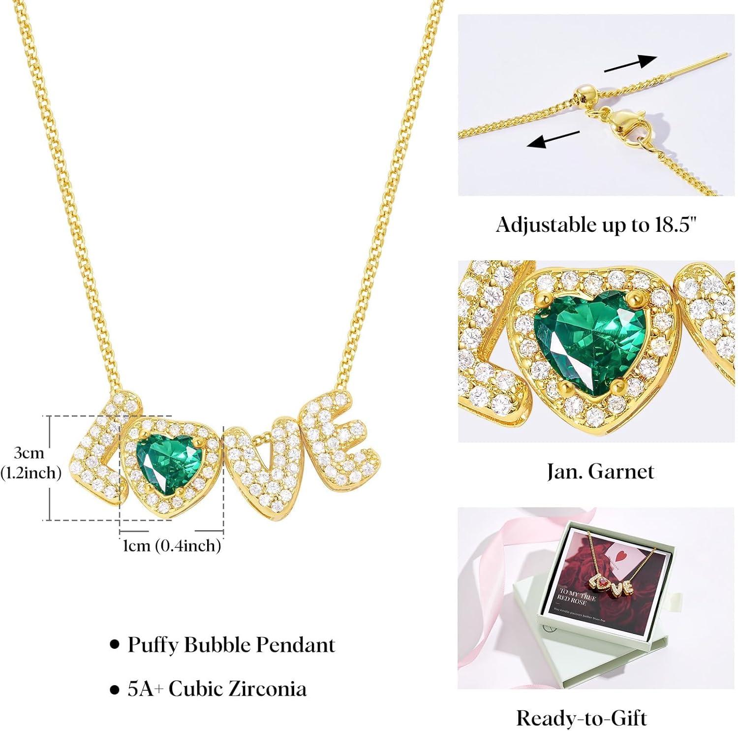 imageKissYan Love Birthstone Necklace for Women 14K Gold Plated Bubble Letter Pendant Dainty Jewelry I Love You Valentines Day Gifts for Girlfrend Wife LoverMay