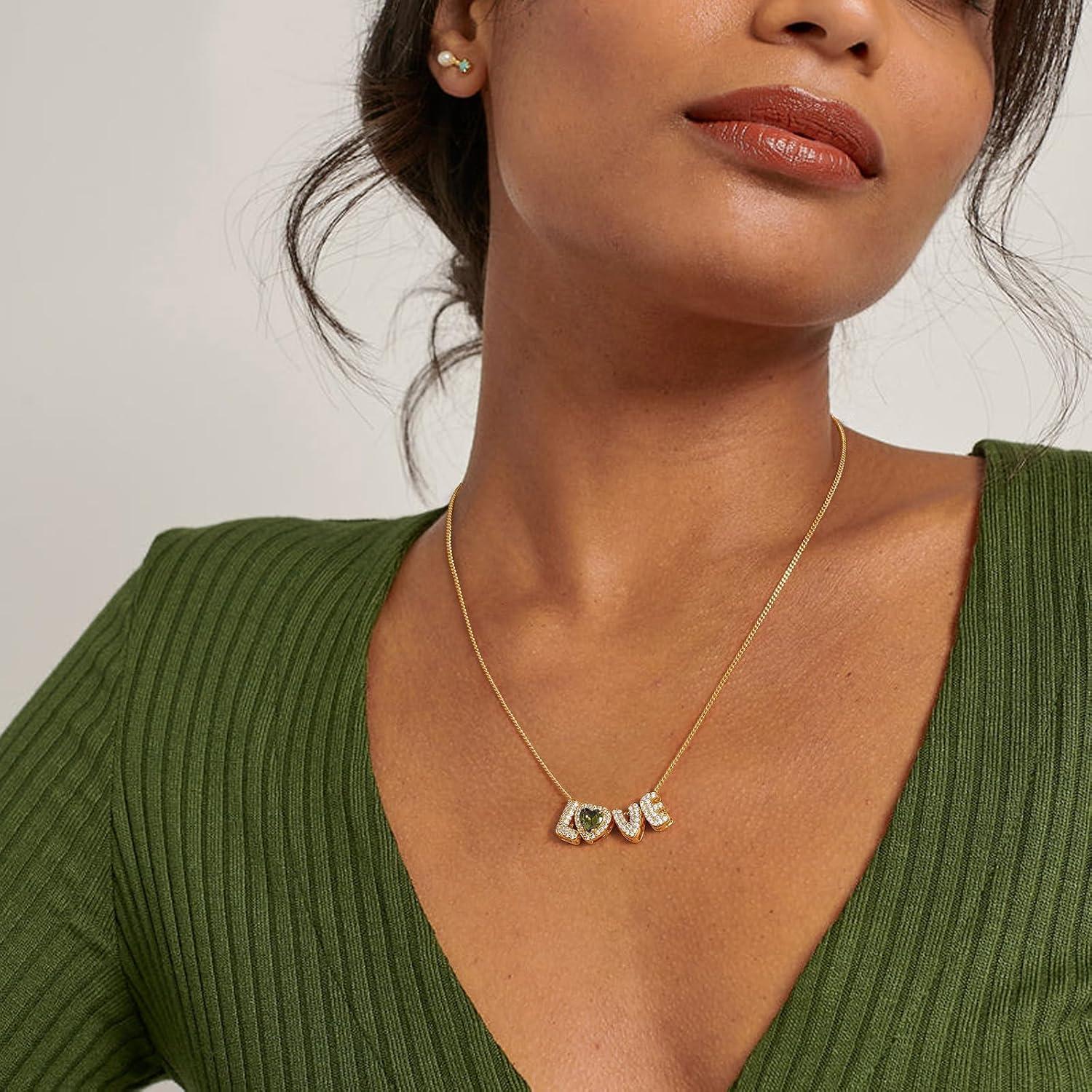 imageKissYan Love Birthstone Necklace for Women 14K Gold Plated Bubble Letter Pendant Dainty Jewelry I Love You Valentines Day Gifts for Girlfrend Wife LoverMay