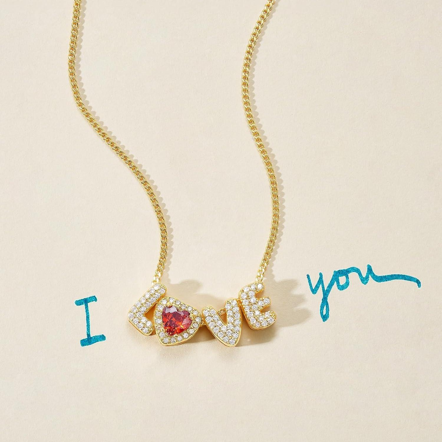 imageKissYan Love Birthstone Necklace for Women 14K Gold Plated Bubble Letter Pendant Dainty Jewelry I Love You Valentines Day Gifts for Girlfrend Wife LoverMay