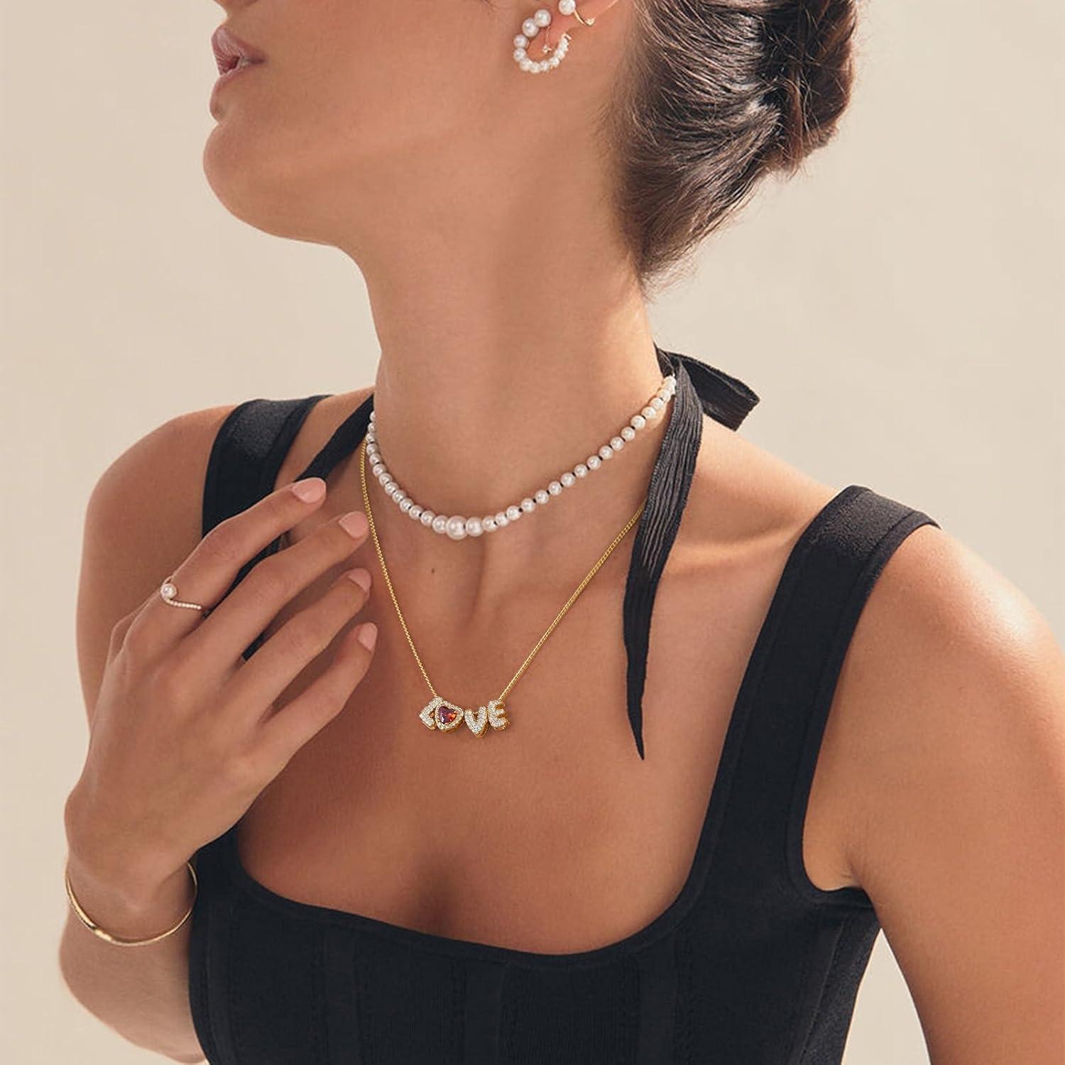imageKissYan Love Birthstone Necklace for Women 14K Gold Plated Bubble Letter Pendant Dainty Jewelry I Love You Valentines Day Gifts for Girlfrend Wife LoverSeptember