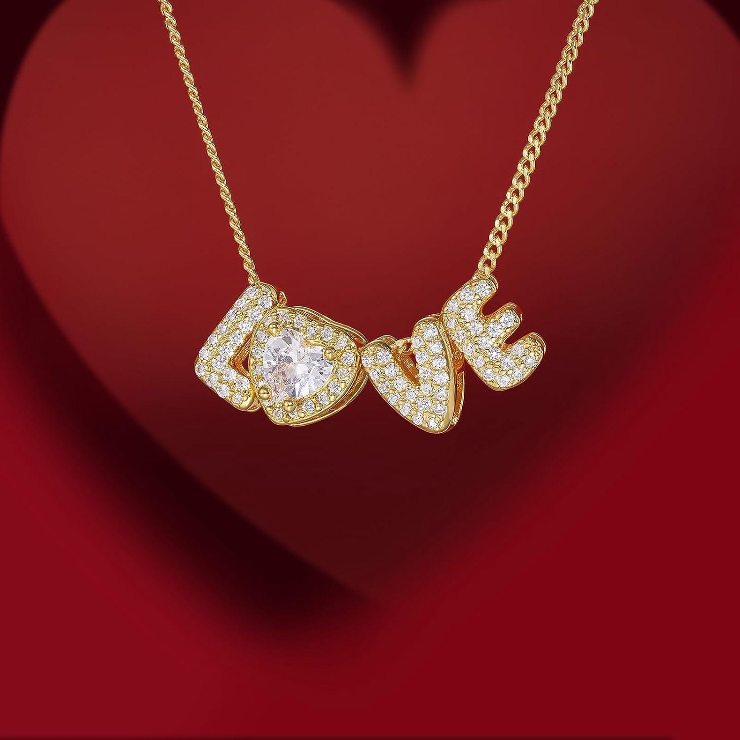imageKissYan Love Birthstone Necklace for Women 14K Gold Plated Bubble Letter Pendant Dainty Jewelry I Love You Valentines Day Gifts for Girlfrend Wife LoverSeptember