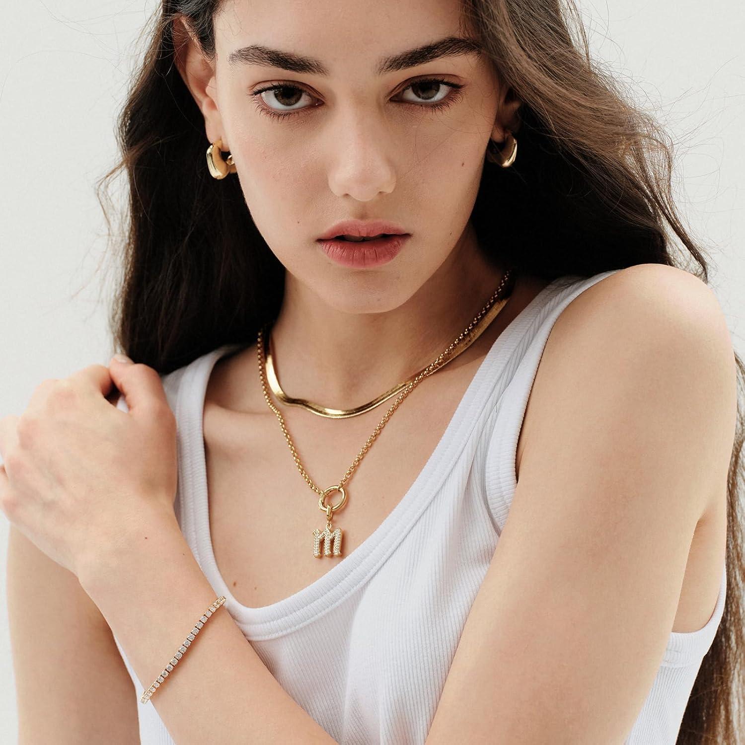 imageKissYan Custom Charm Necklaces for Women 14K Gold Plated Initial Letter Pendant Box Chain Necklace Dainty Jewelry GiftGold X