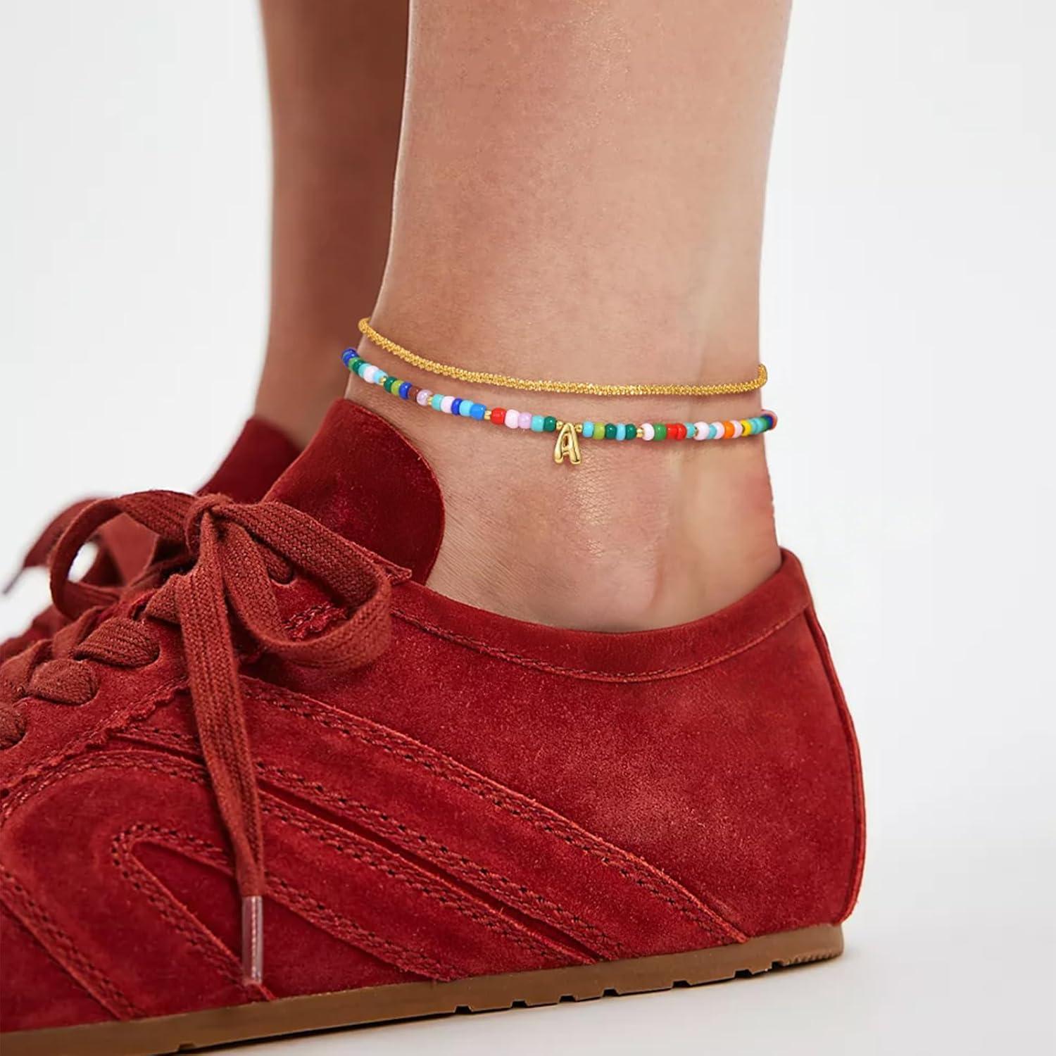 imageKissYan Initial Ankle Bracelets for Women Layered Colorful Beaded Anklet with 14K Gold Chain Waterproof Dainty Jewelry GiftM