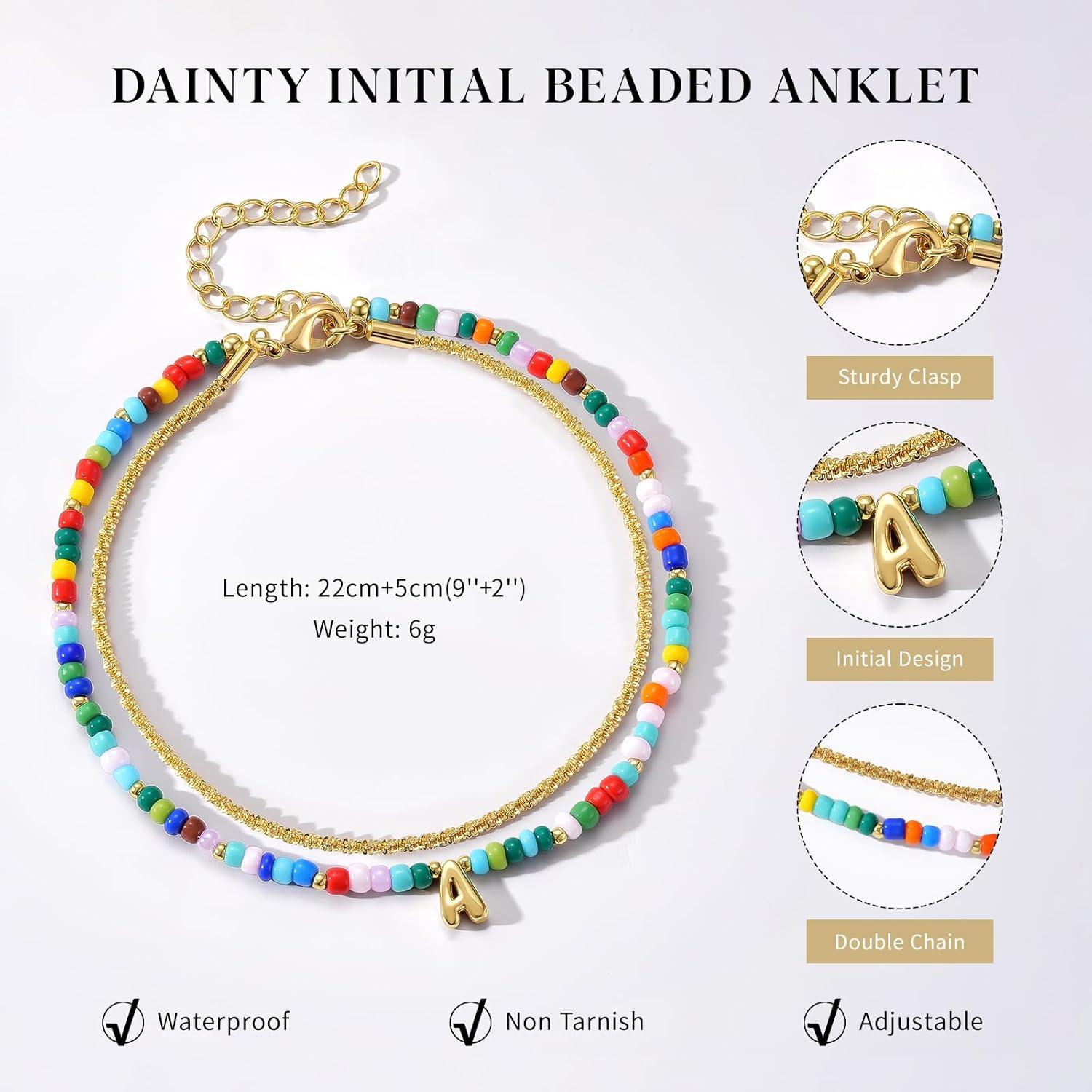 imageKissYan Initial Ankle Bracelets for Women Layered Colorful Beaded Anklet with 14K Gold Chain Waterproof Dainty Jewelry GiftT