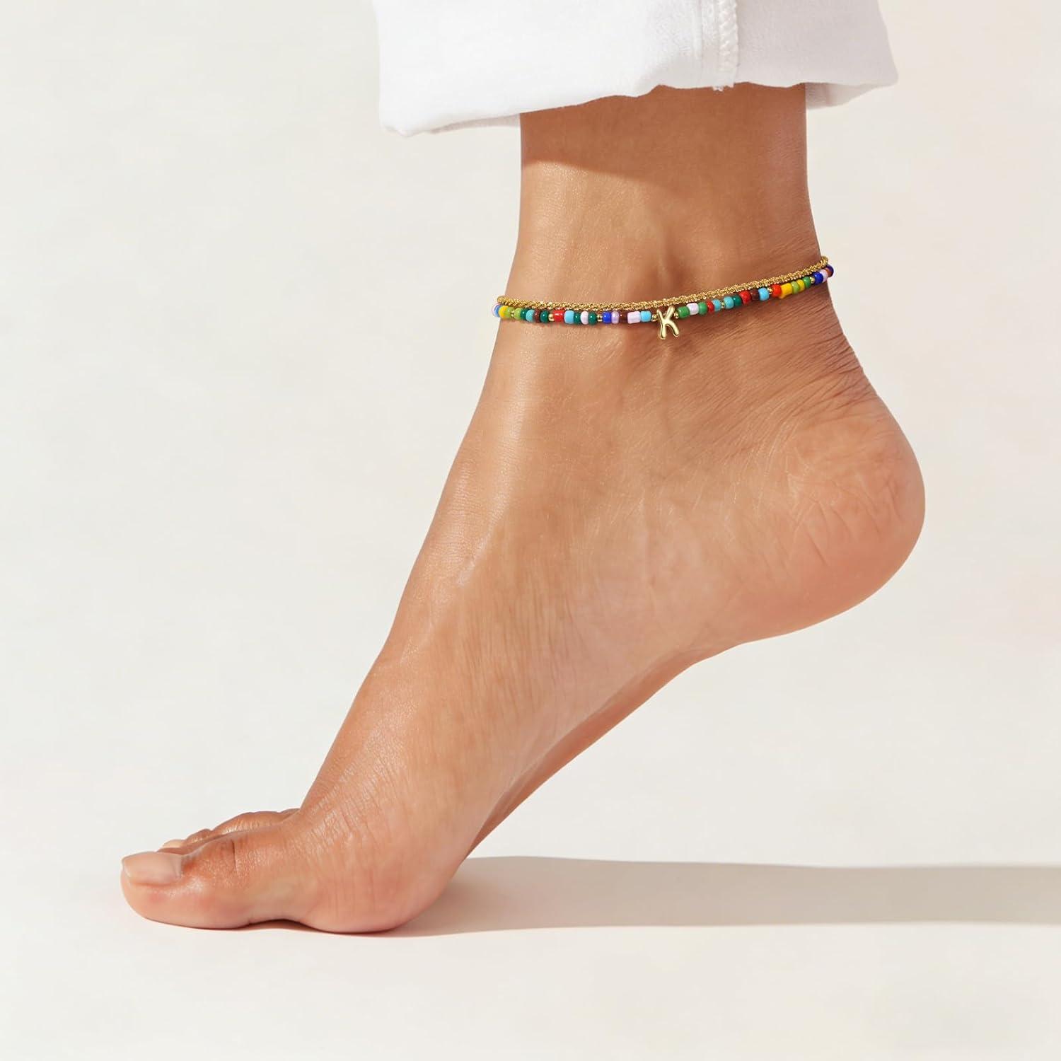 imageKissYan Initial Ankle Bracelets for Women Layered Colorful Beaded Anklet with 14K Gold Chain Waterproof Dainty Jewelry GiftU