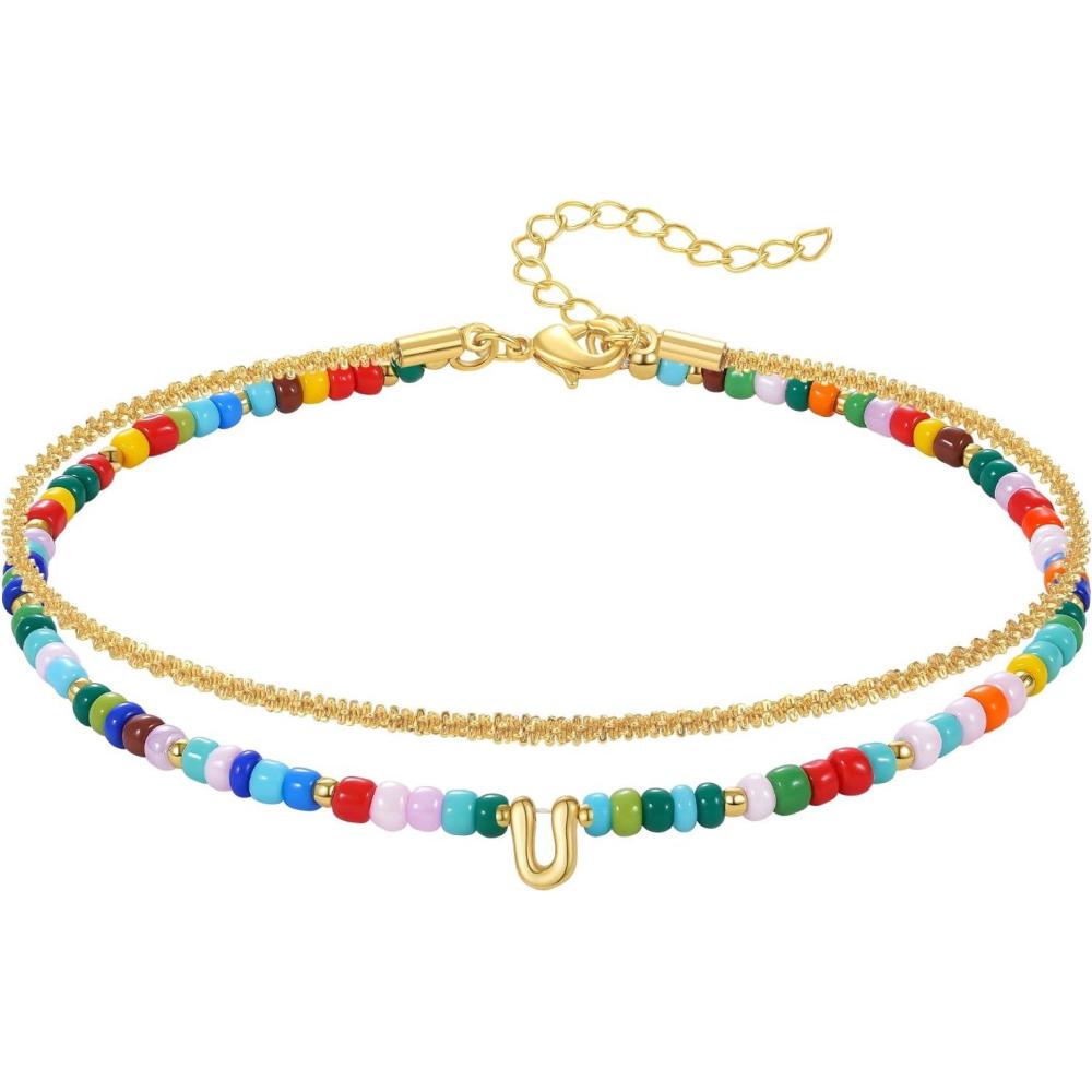 imageKissYan Initial Ankle Bracelets for Women Layered Colorful Beaded Anklet with 14K Gold Chain Waterproof Dainty Jewelry GiftU