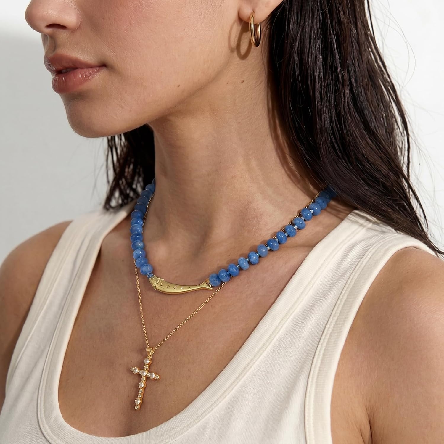 image:imageKissYan Beaded Gemstone Necklace 14K Gold Plated FishConch Charm ChokerASardine