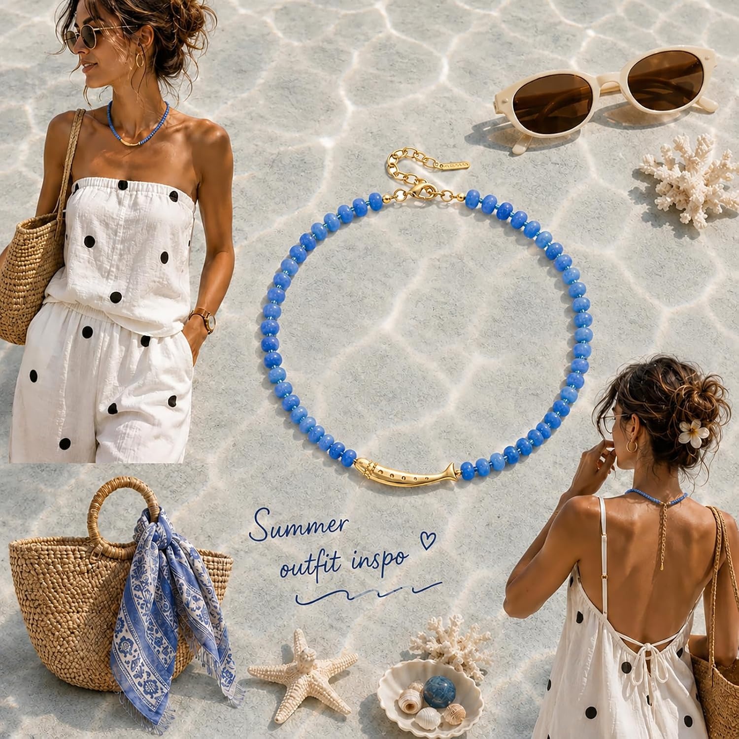 image:imageKissYan Beaded Gemstone Necklace 14K Gold Plated FishConch Charm ChokerASardine