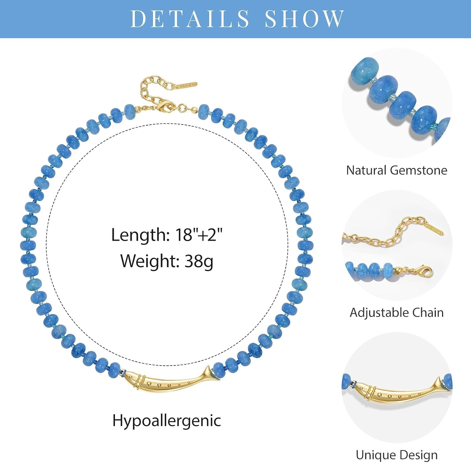 image:imageKissYan Beaded Gemstone Necklace 14K Gold Plated FishConch Charm ChokerASardine