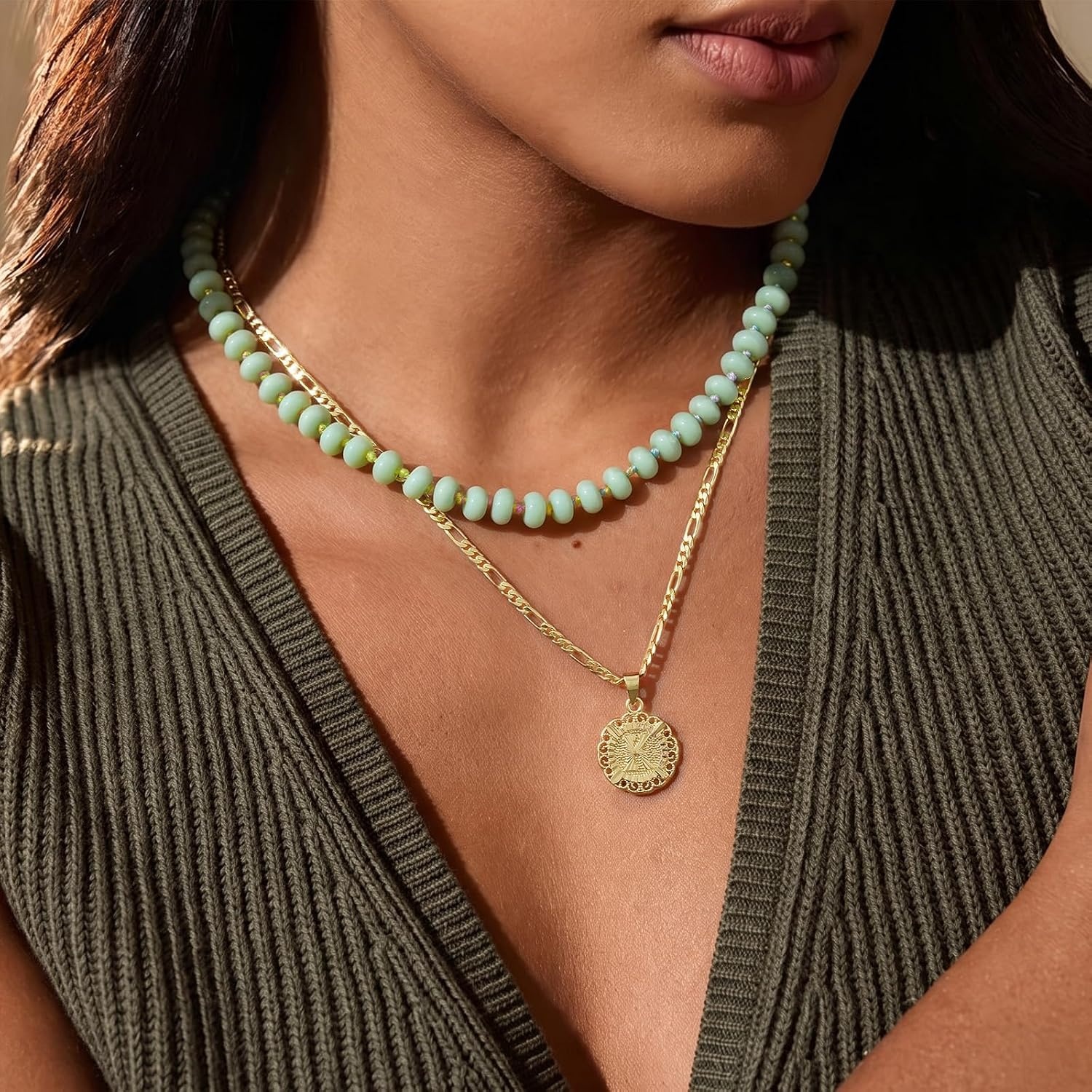image:imageKissYan Beaded Necklaces for Women Natural Chunky Gemstone Summer ChokerApple Green