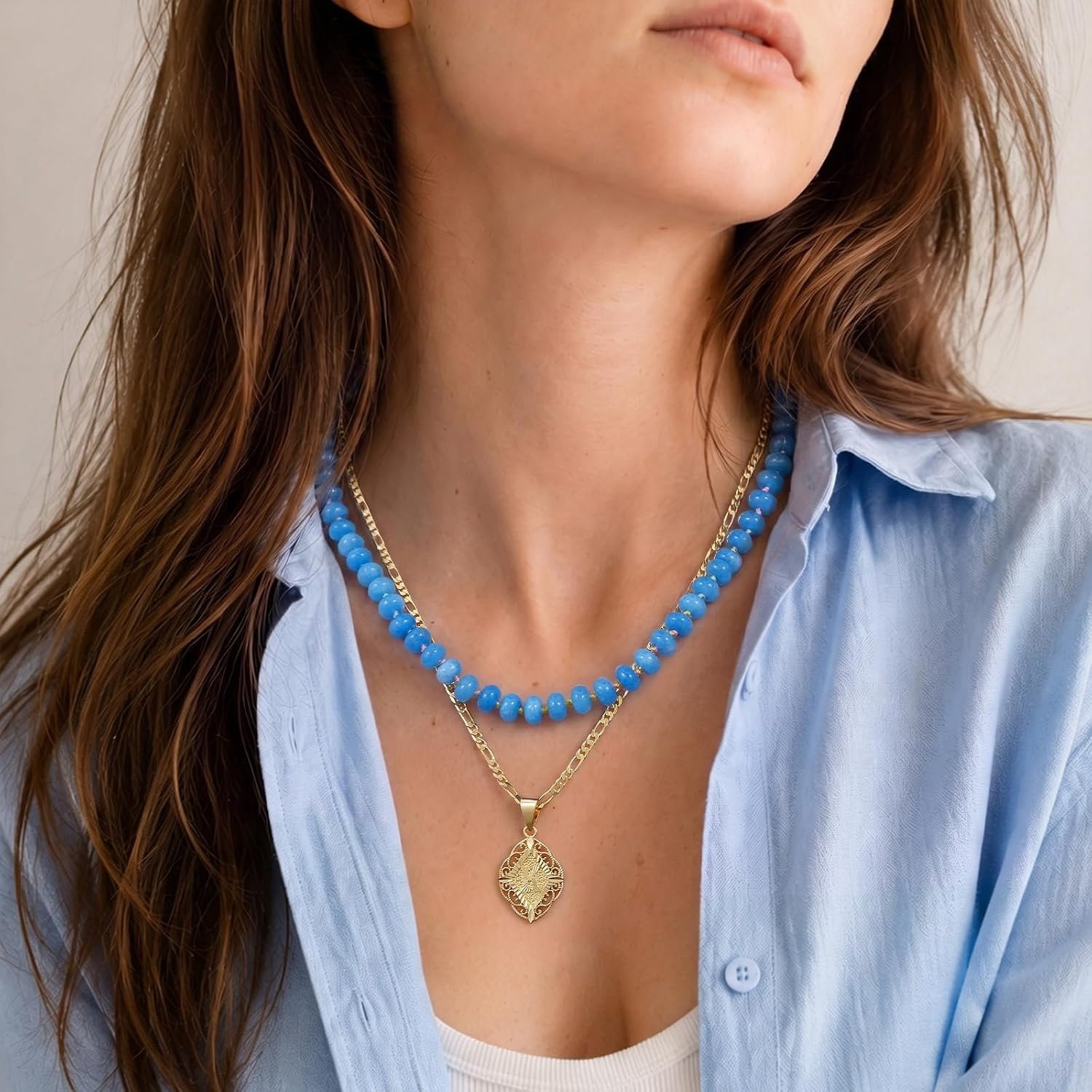 image:imageKissYan Beaded Necklaces for Women Natural Chunky Gemstone Summer ChokerBlue