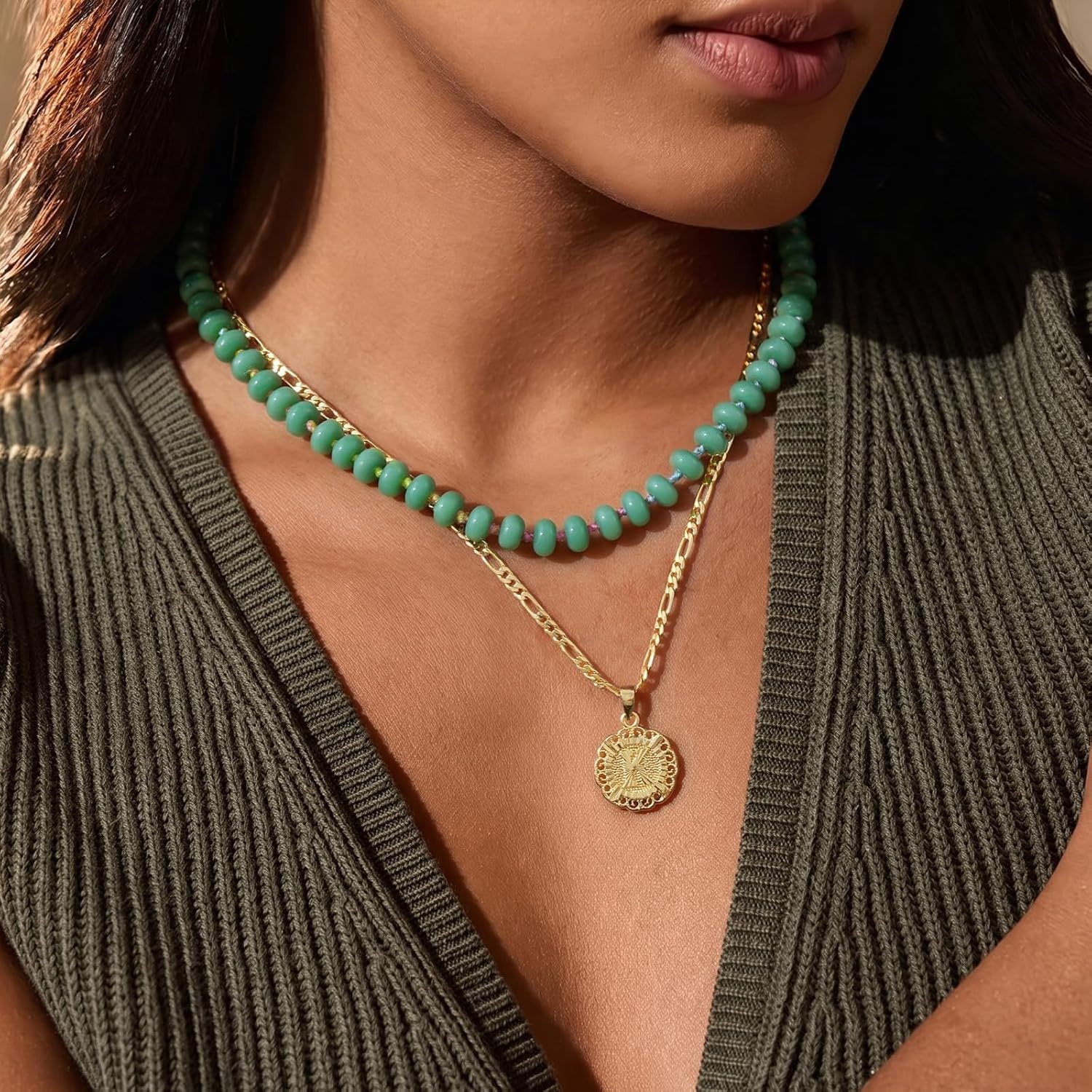 image:imageKissYan Beaded Necklaces for Women Natural Chunky Gemstone Summer ChokerMoss Green