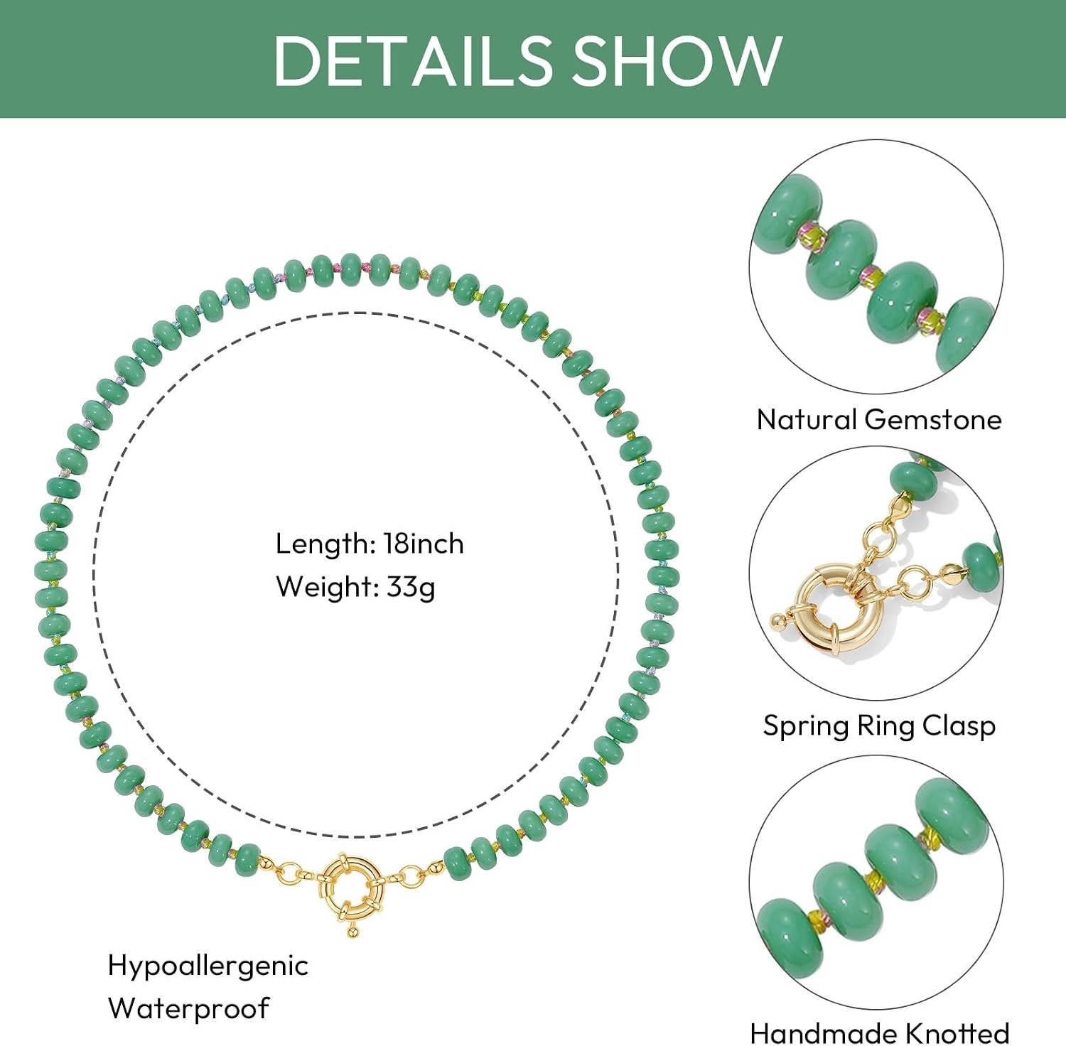 image:imageKissYan Beaded Necklaces for Women Natural Chunky Gemstone Summer ChokerMoss Green