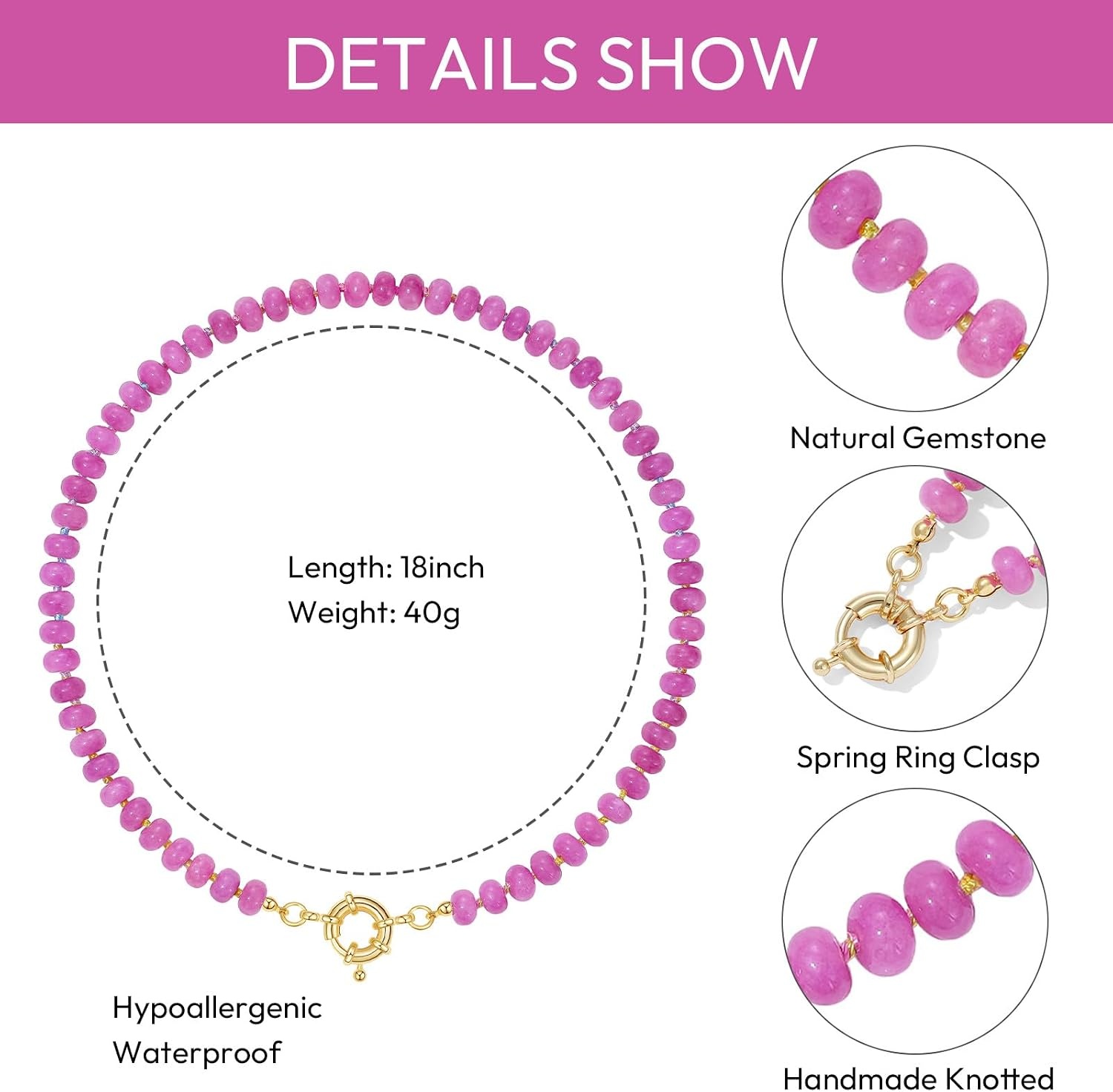 image:imageKissYan Beaded Necklaces for Women Natural Chunky Gemstone Summer ChokerPink
