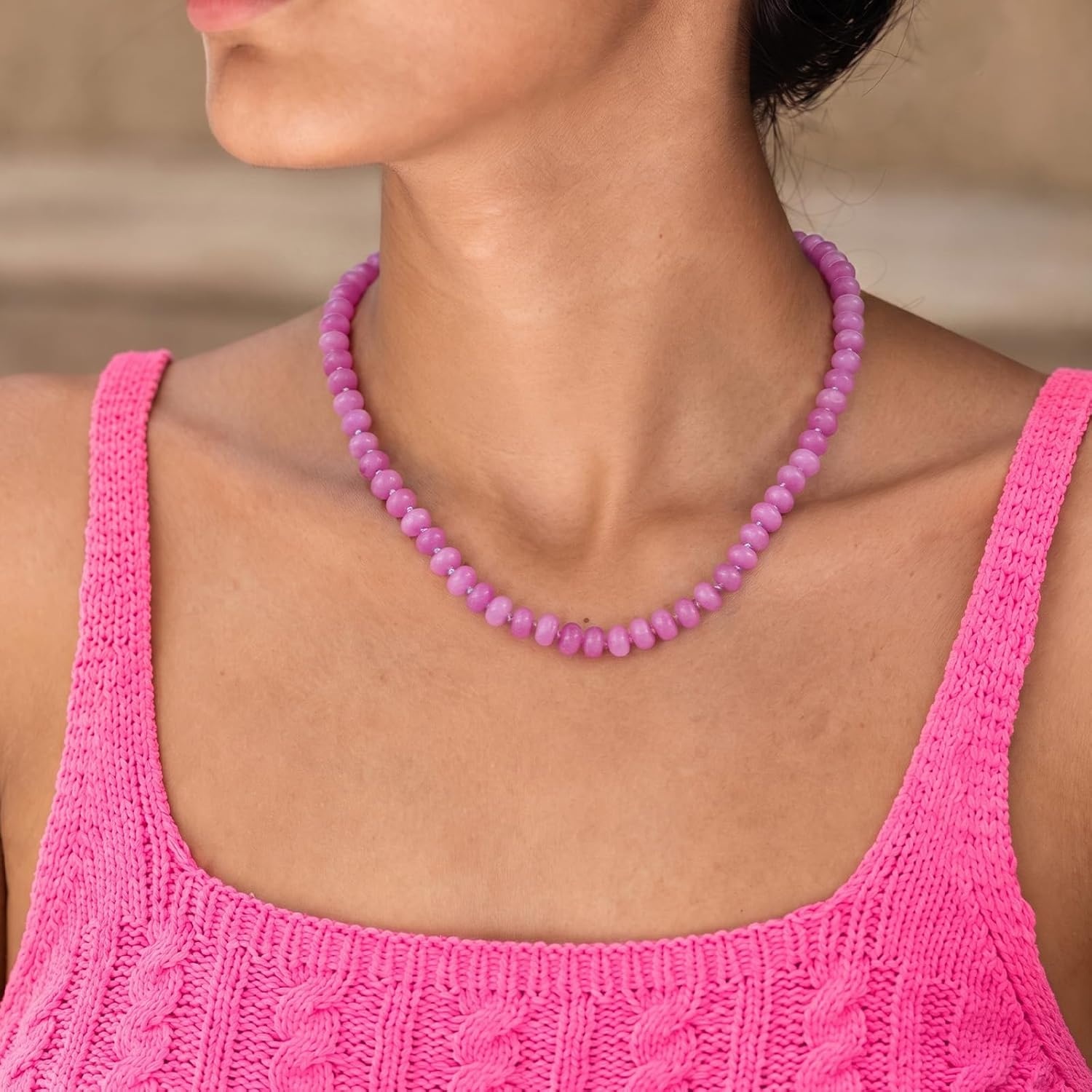 image:imageKissYan Beaded Necklaces for Women Natural Chunky Gemstone Summer ChokerPink