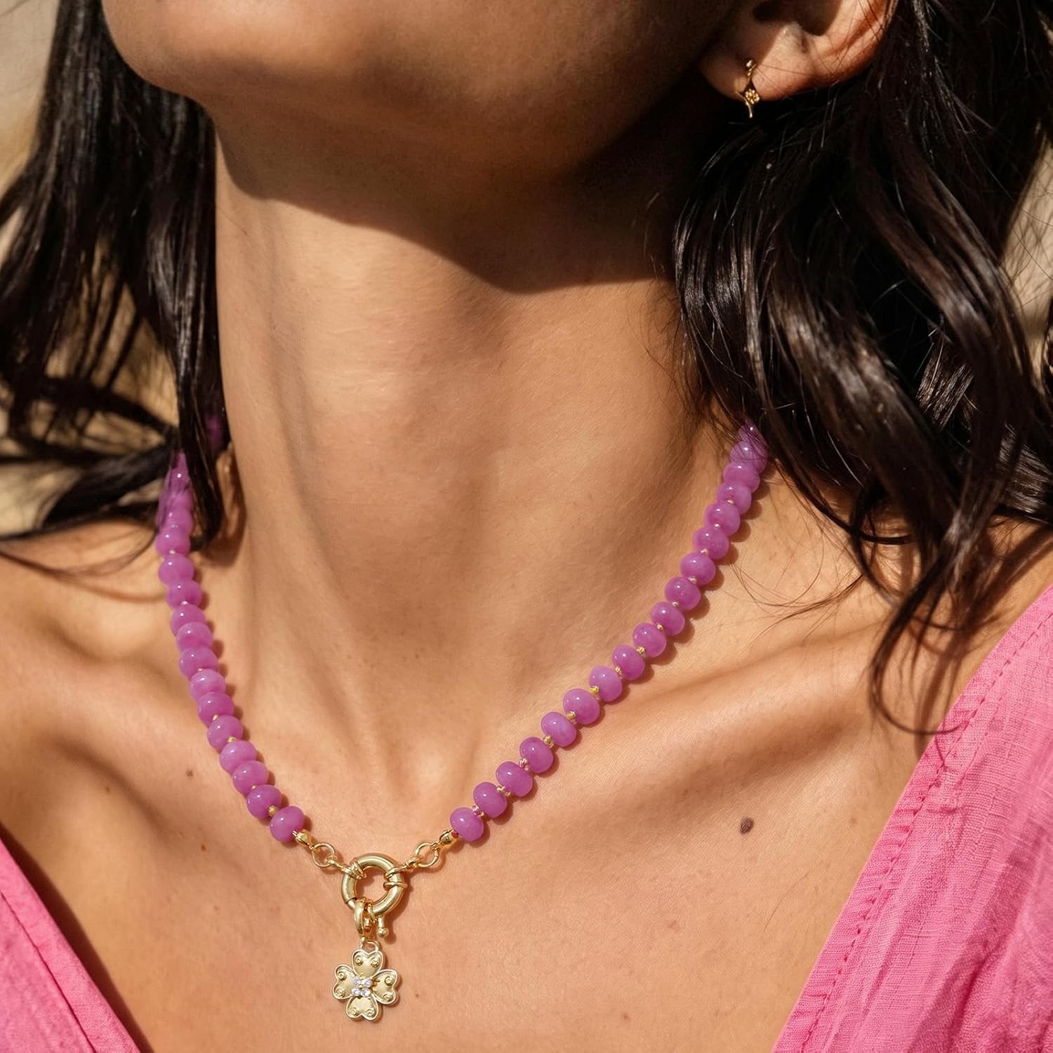 image:imageKissYan Beaded Necklaces for Women Natural Chunky Gemstone Summer ChokerPink