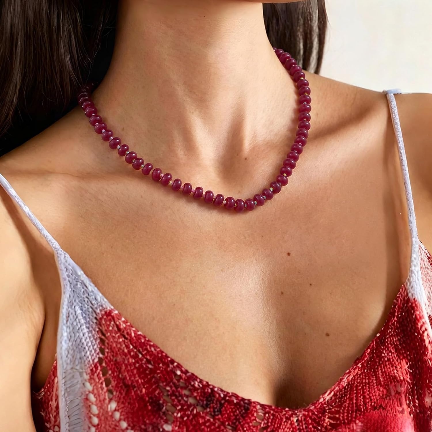 image:imageKissYan Beaded Necklaces for Women Natural Chunky Gemstone Summer ChokerRust Red