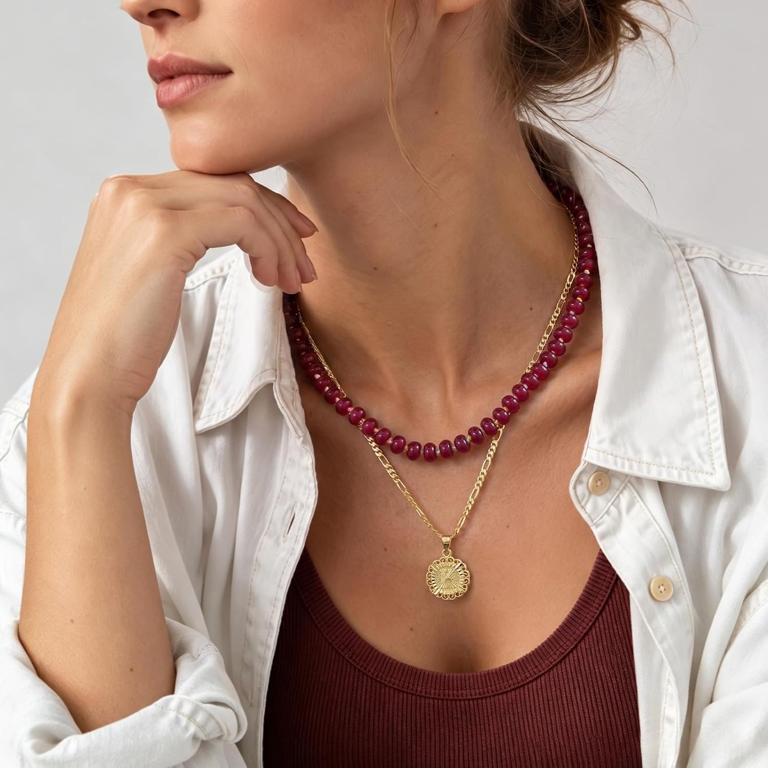 image:imageKissYan Beaded Necklaces for Women Natural Chunky Gemstone Summer ChokerRust Red