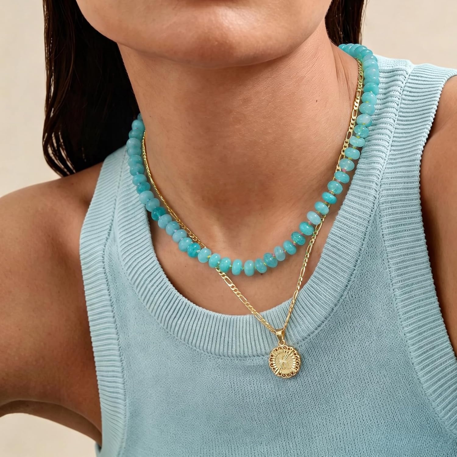 image:imageKissYan Beaded Necklaces for Women Natural Chunky Gemstone Summer ChokerTeal