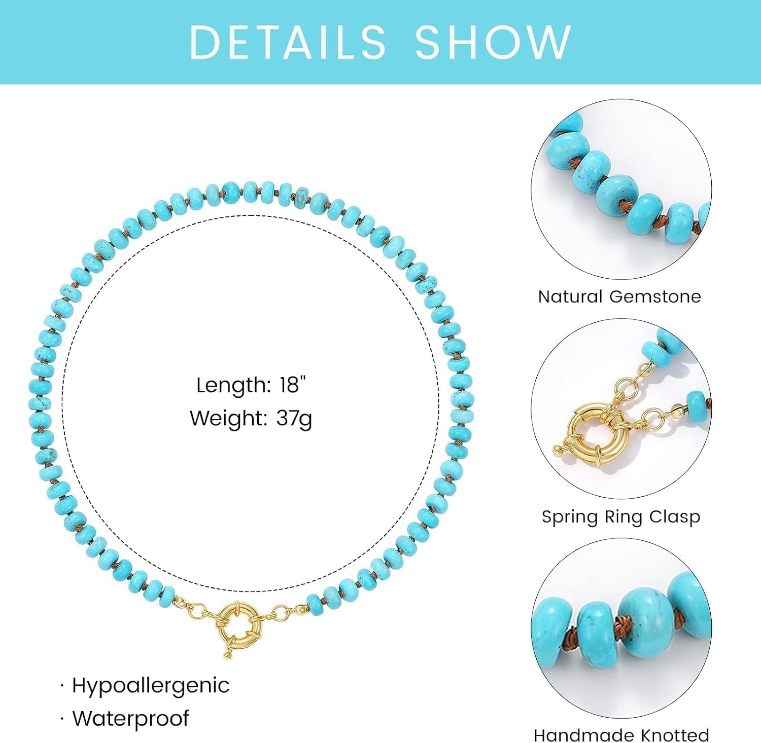 image:imageKissYan Beaded Necklaces for Women Natural Chunky Gemstone Summer ChokerTurquoise Green