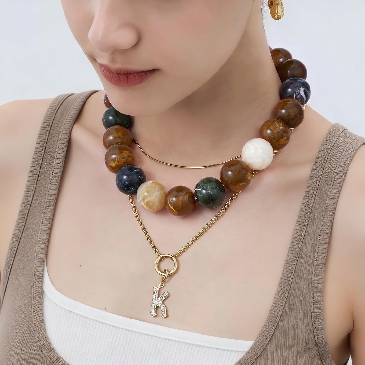 image:imageKissYan Chunky Beaded Necklace for WomenDark Brown Swirl