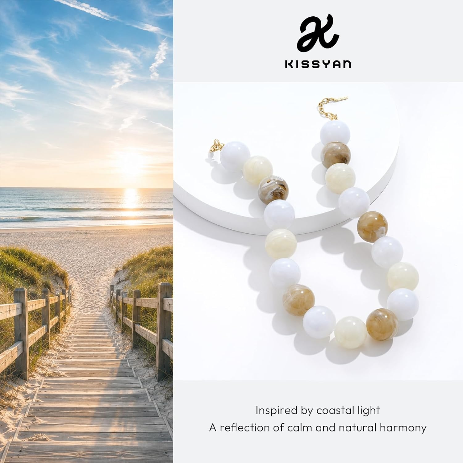 image:imageKissYan Chunky Beaded Necklace for WomenOffwhite Swirl