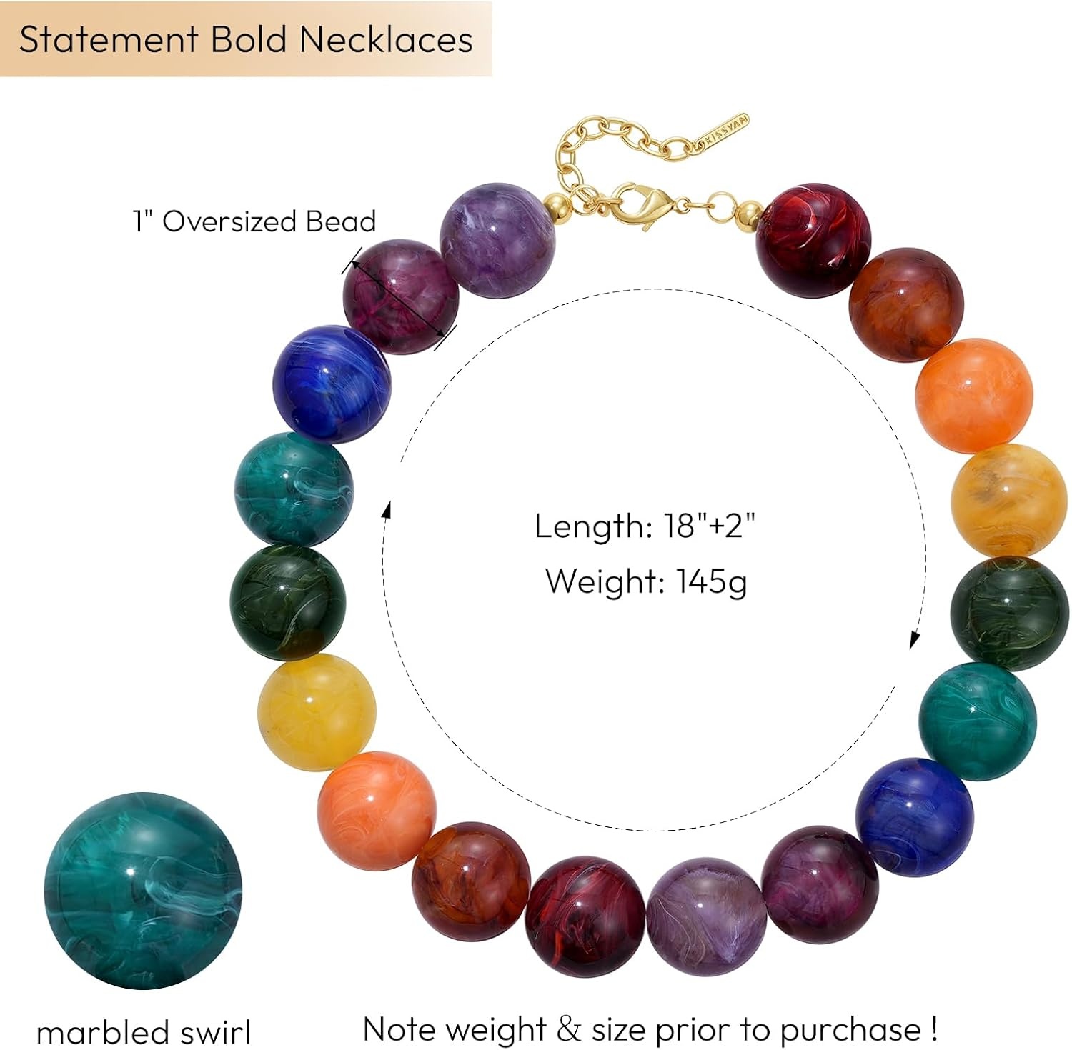 image:imageKissYan Chunky Beaded Necklace for WomenRainbow Swirl