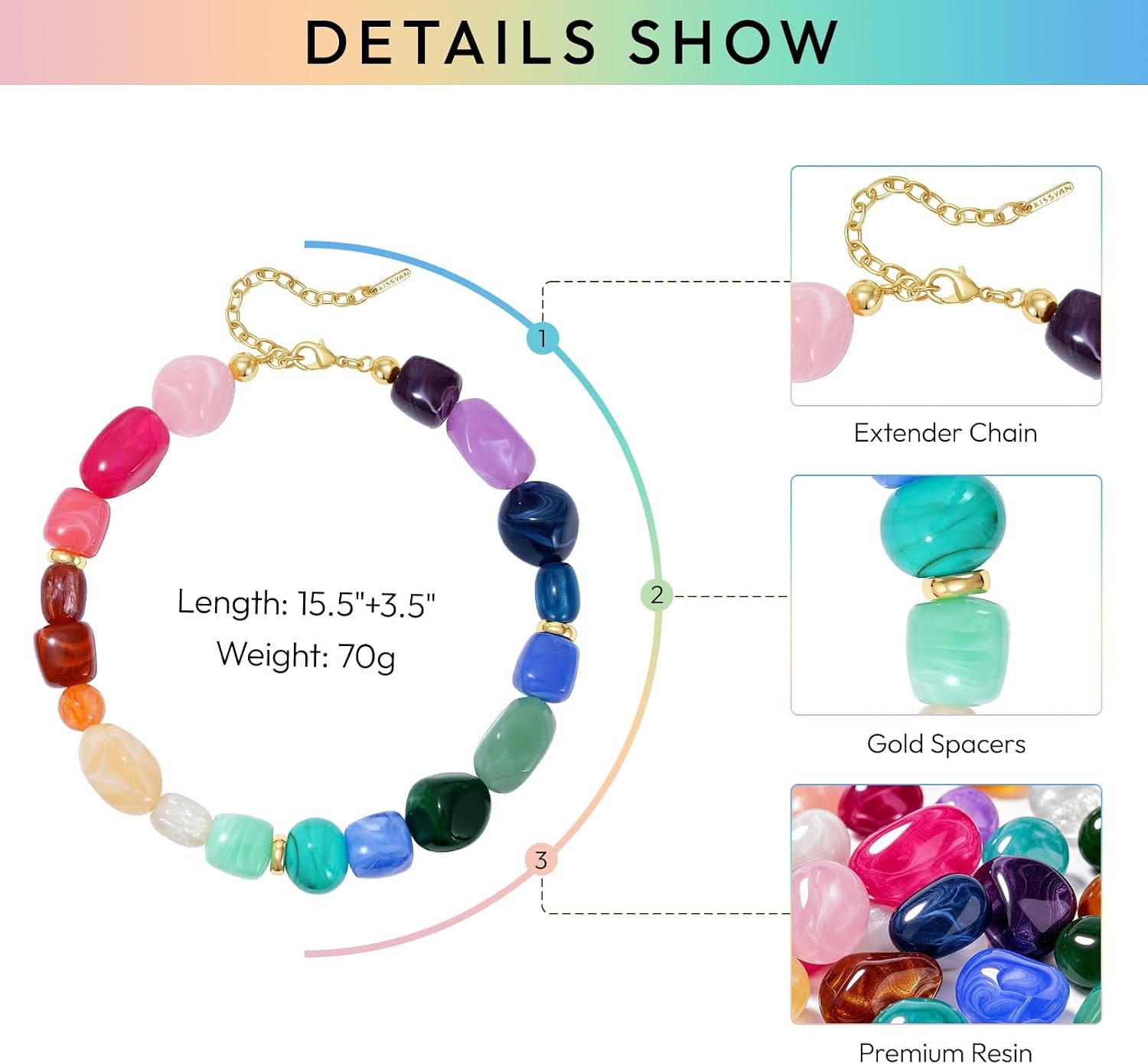 image:imageKissYan Chunky Beaded Necklaces for Women Resin Statement Bead ChokerRainbow