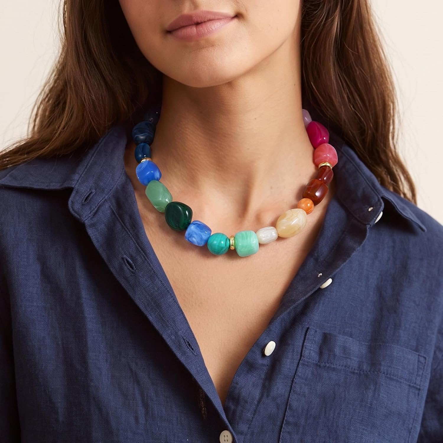 image:imageKissYan Chunky Beaded Necklaces for Women Resin Statement Bead ChokerRainbow