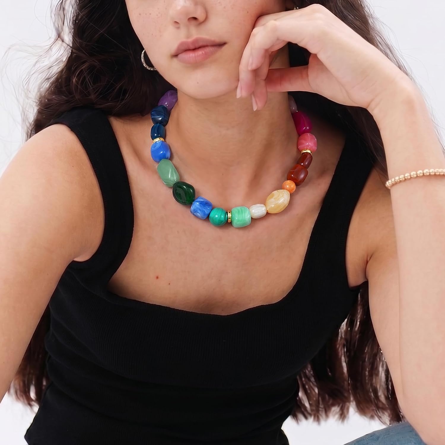 image:imageKissYan Chunky Beaded Necklaces for Women Resin Statement Bead ChokerRainbow