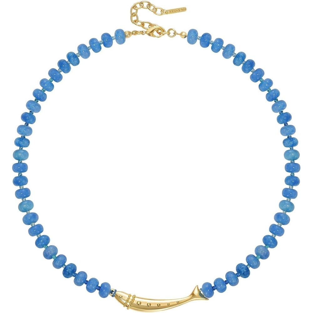 image:imageKissYan Beaded Gemstone Necklace 14K Gold Plated FishConch Charm ChokerASardine