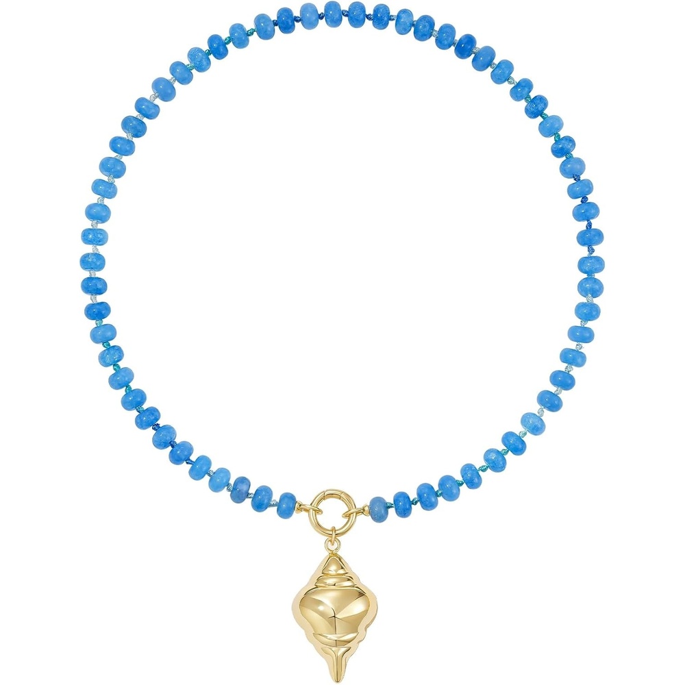 image:imageKissYan Beaded Gemstone Necklace 14K Gold Plated FishConch Charm ChokerBConch