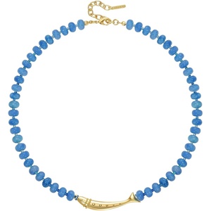 KissYan Beaded Gemstone Necklace, 14K Gold Plated Fish/Conch Charm Choker(A-Sardine)
