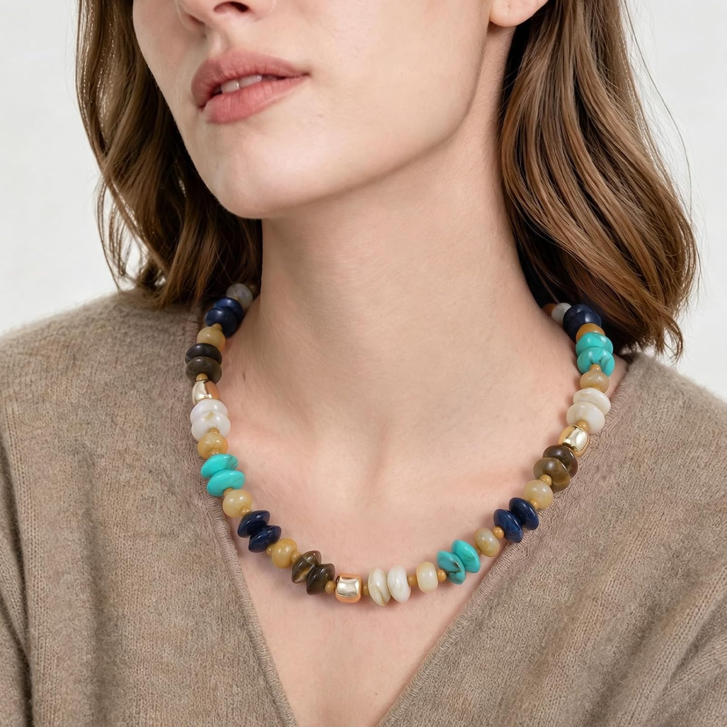 image:imageKissYan Chunky Resin Beaded Necklace for Women with Natural StoneMisty Brown